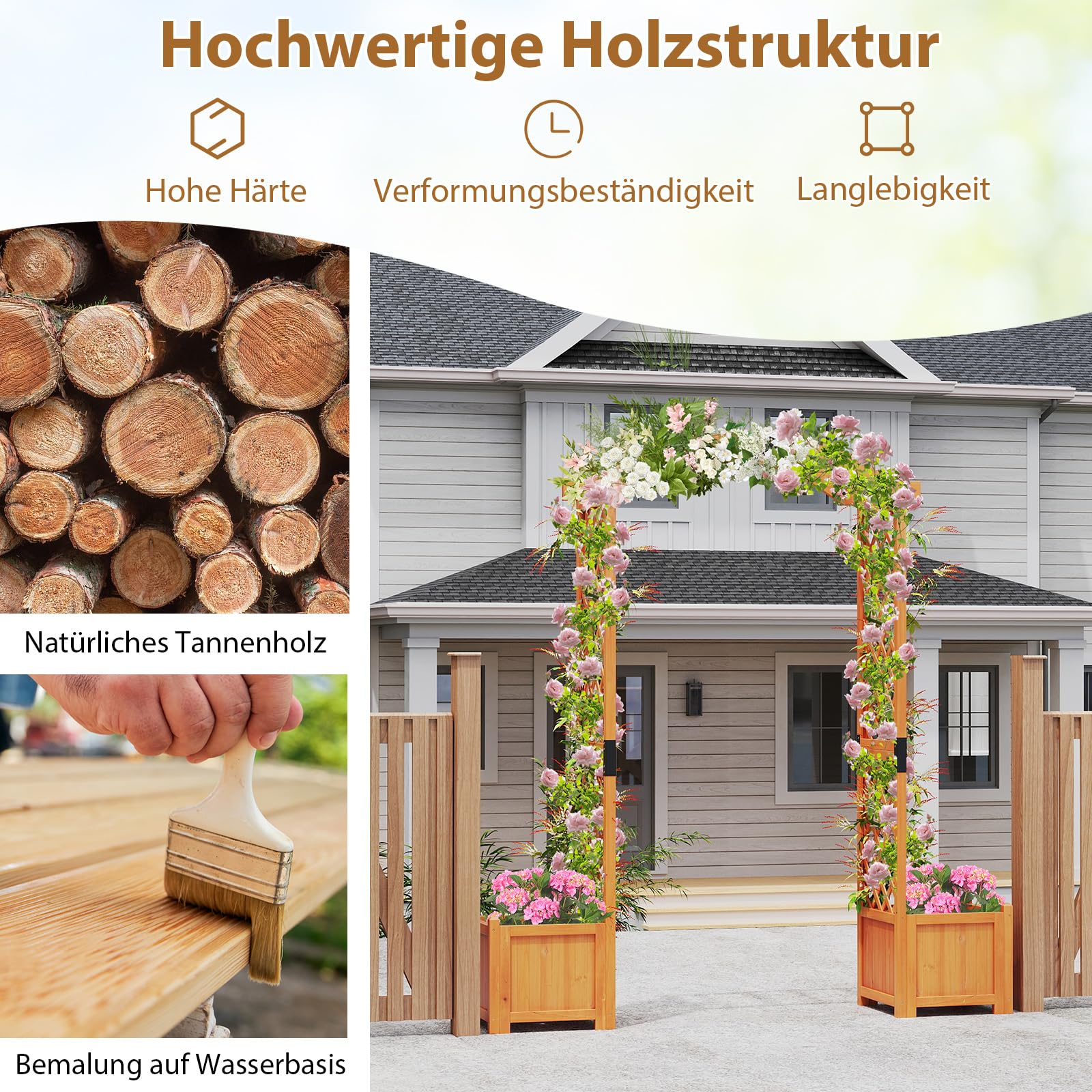 COSTWAY 2 w 1 łuk różany ze skrzynką na kwiaty, łuk ogrodowy, drewniany łuk do roślin pnących, pergola dla roślin pnących, kratka dla roślin pnących, półłuk do ogrodu, na wesele, imprezę, drewno