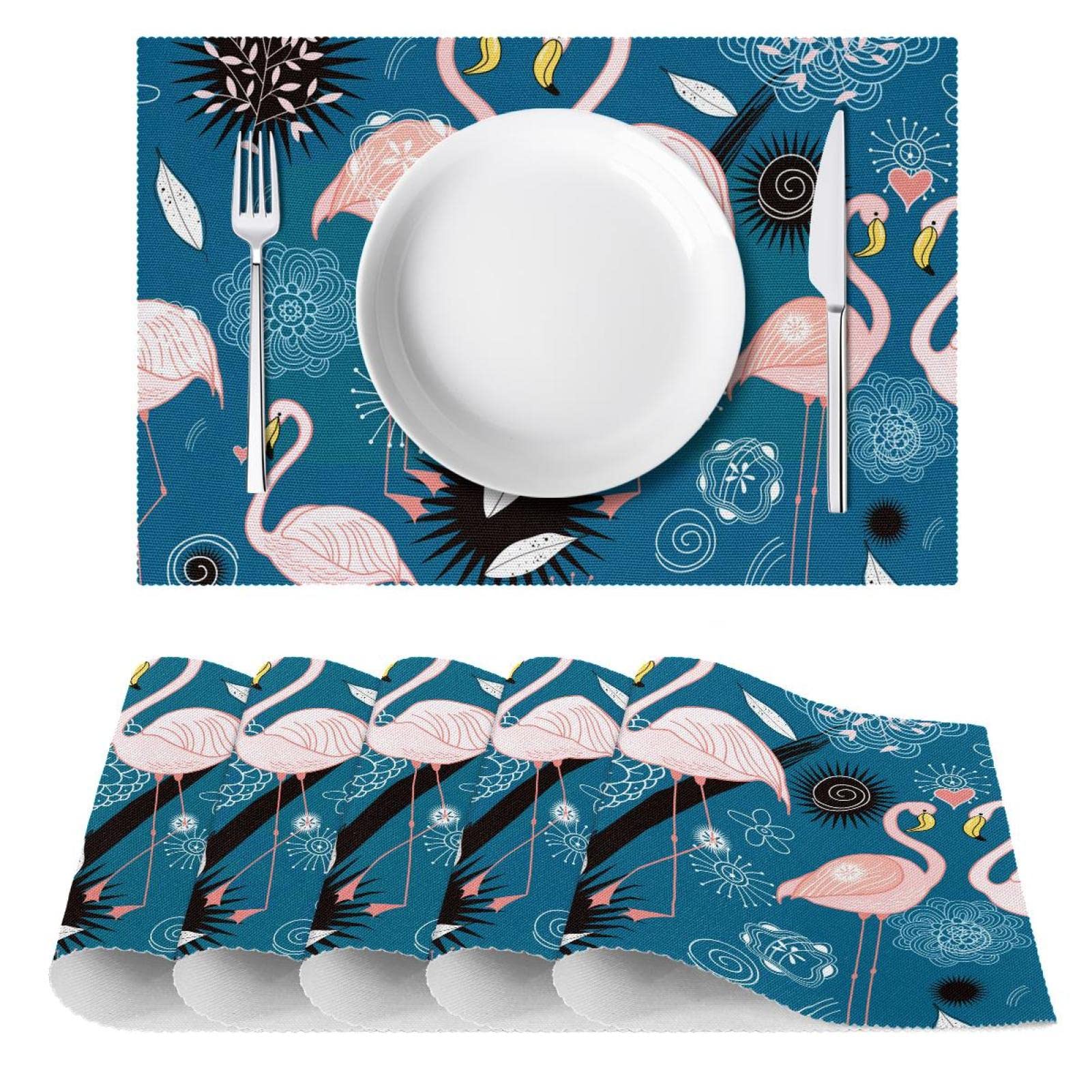 Flamingo-Tischsets, 4er-Set, waschbar, 45 x 30 cm, geeignet für Küche, drinnen und draußen, Essen