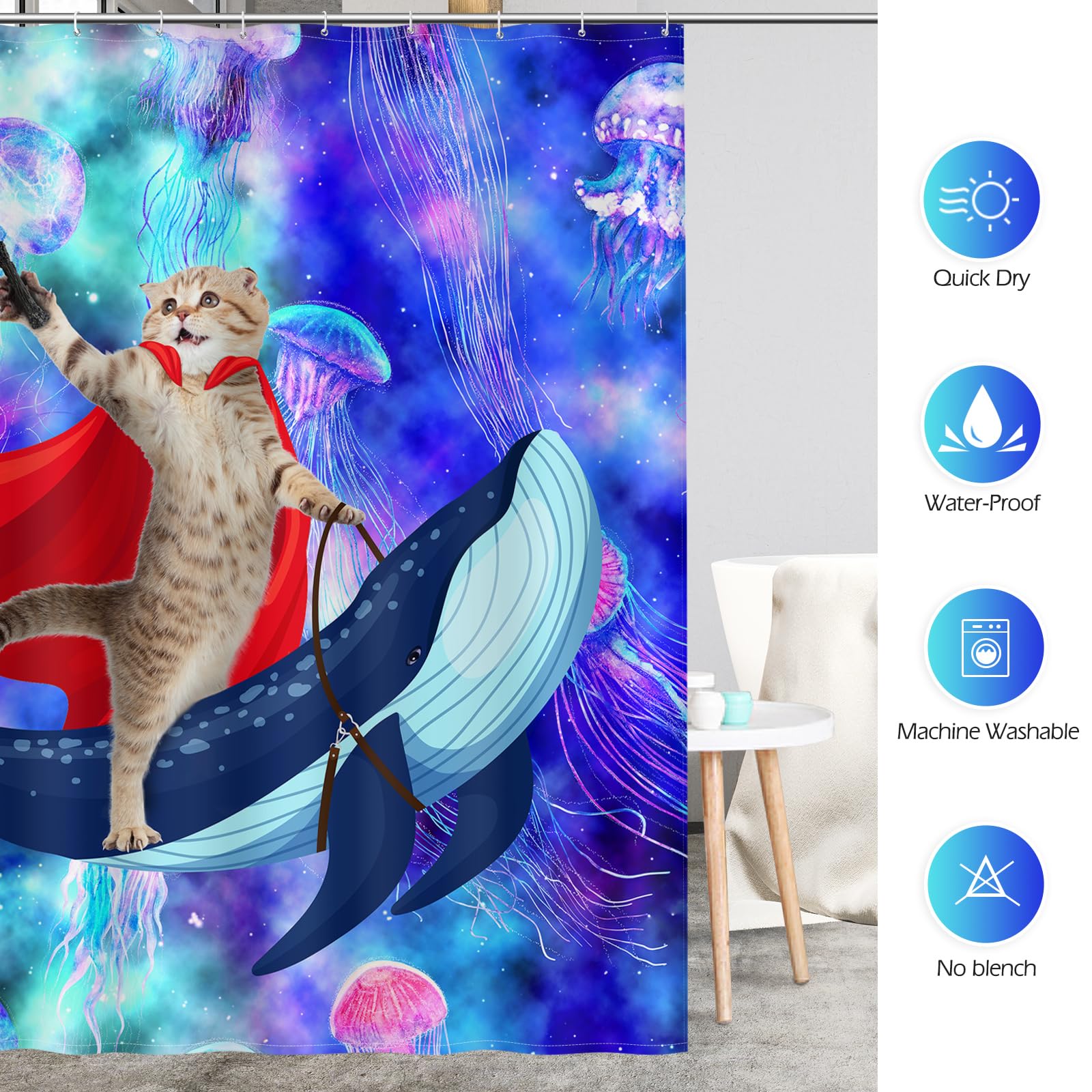 Aimego Divertidas cortinas de ducha de gato, lindo gato montando ballena tiburón en el espacio, galaxia, fantasía, medusas, juego de cortina de ducha con 12 ganchos para adultos y niños, accesorios de