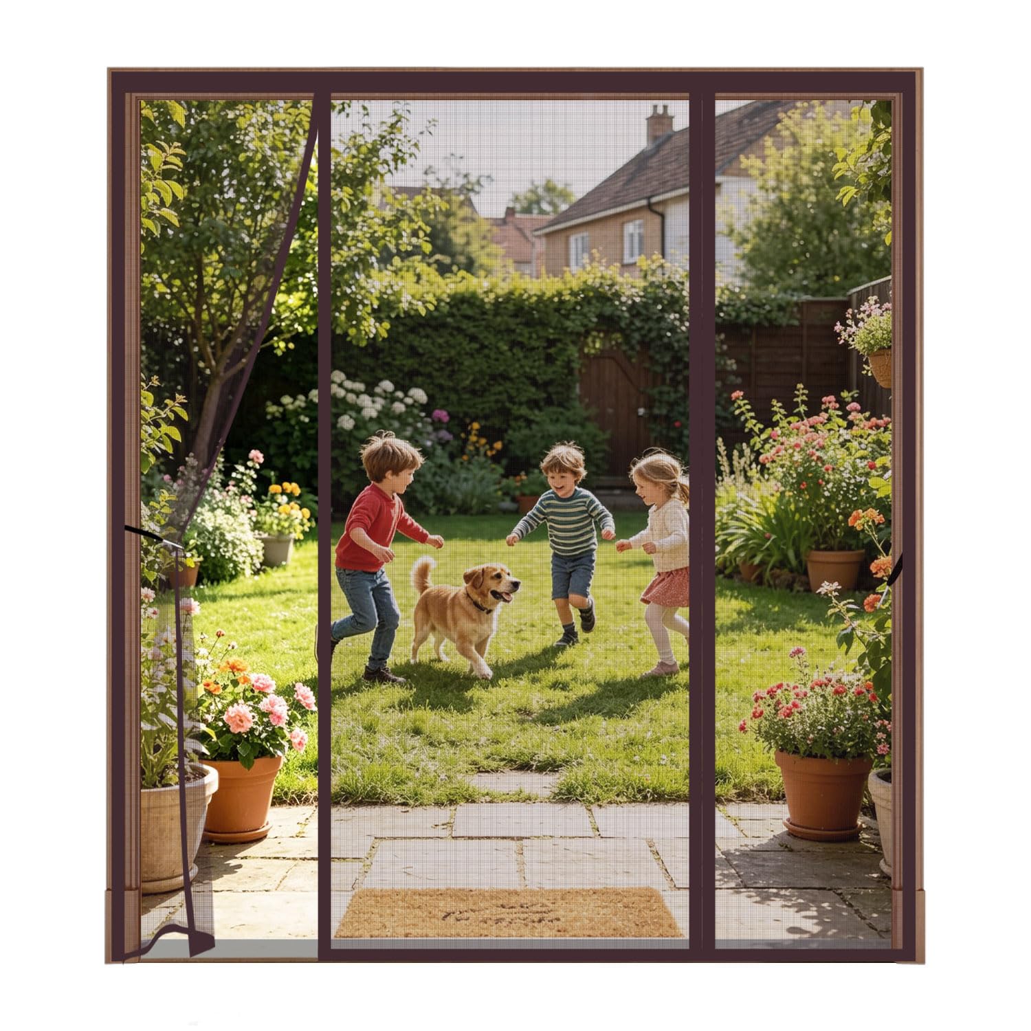 Magnetic Fly Screen for Double Doors, 3-Panel Side-Opening Mosquito Net, 4cm Widened Top Hook & Loop, Heavy Duty Mesh Curtain for French, Patio & Sliding Doors,225x215cm,Brown