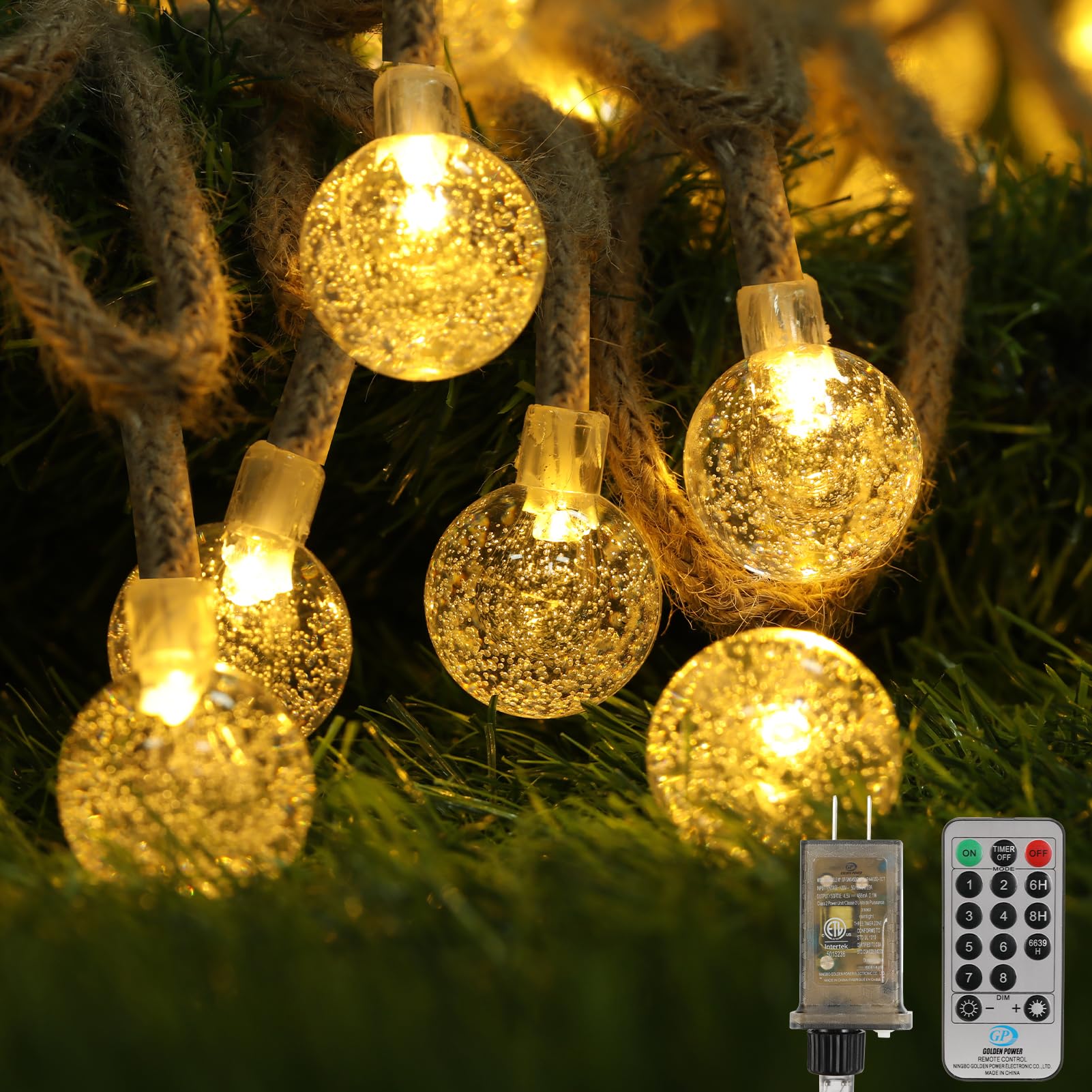 uominy String Lights for Outside,100 LED 33FT Crystal Globe Waterproof Outdoor Lights, Twine Style Remote Control Headlight Beads for Globe Lights for Garden Tree Patio Party Christmas Decorations