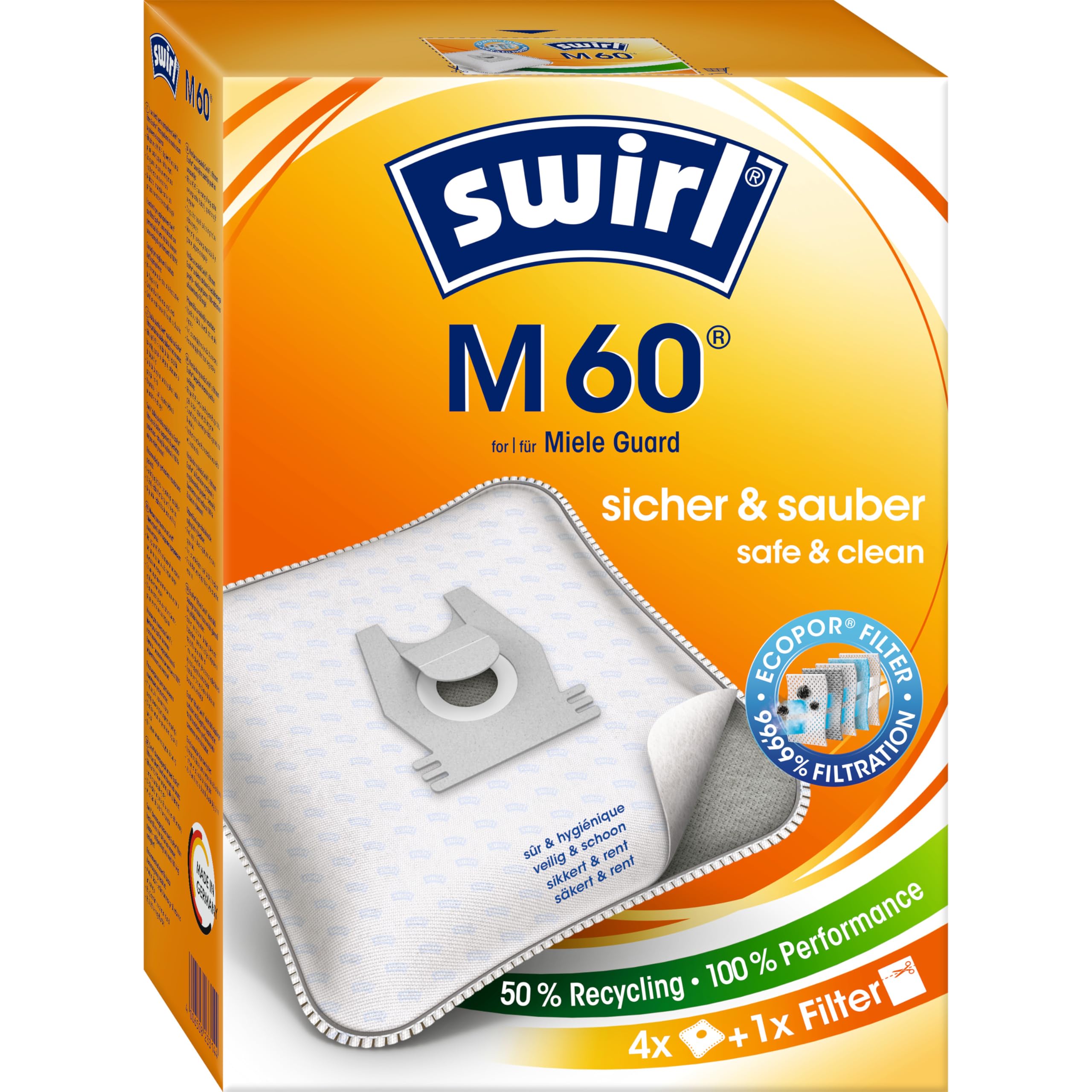 Swirl M 60 EcoPor Staubsaugerbeutel (4 Beutel), reißfeste Staubbeutel für einige Miele & Hoover Staubsauger, 99,9% Filterung von Hausstaub & allergenem Feinstaub