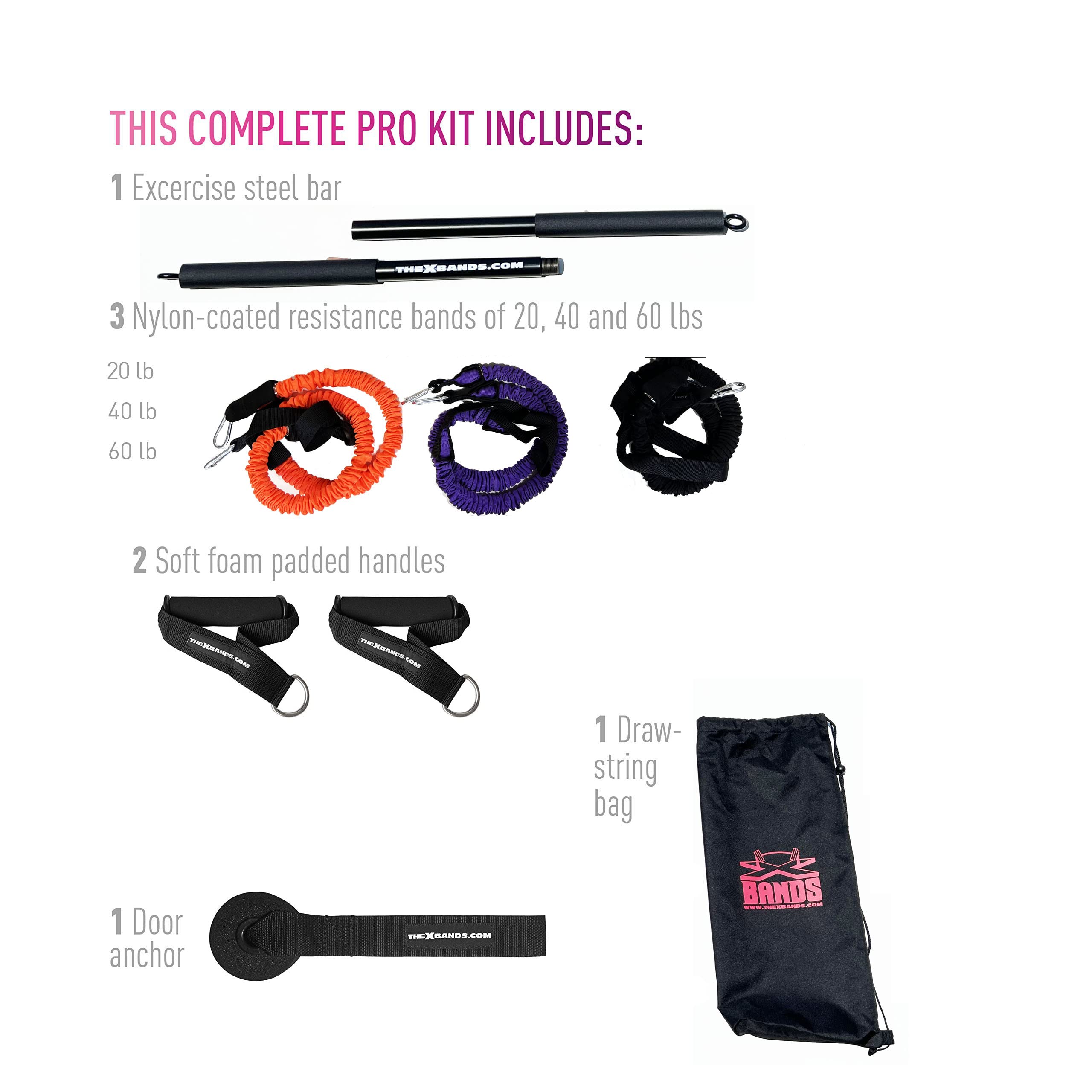 The X Bands Extra Strong Exercise Bar & Long Resistance Bands Nylon Tubes Steel Bar, 3 Bands, Handle & Ankle Attachments - Complete Workout Fitness Kit, Home Gym (20-40-60 lb)