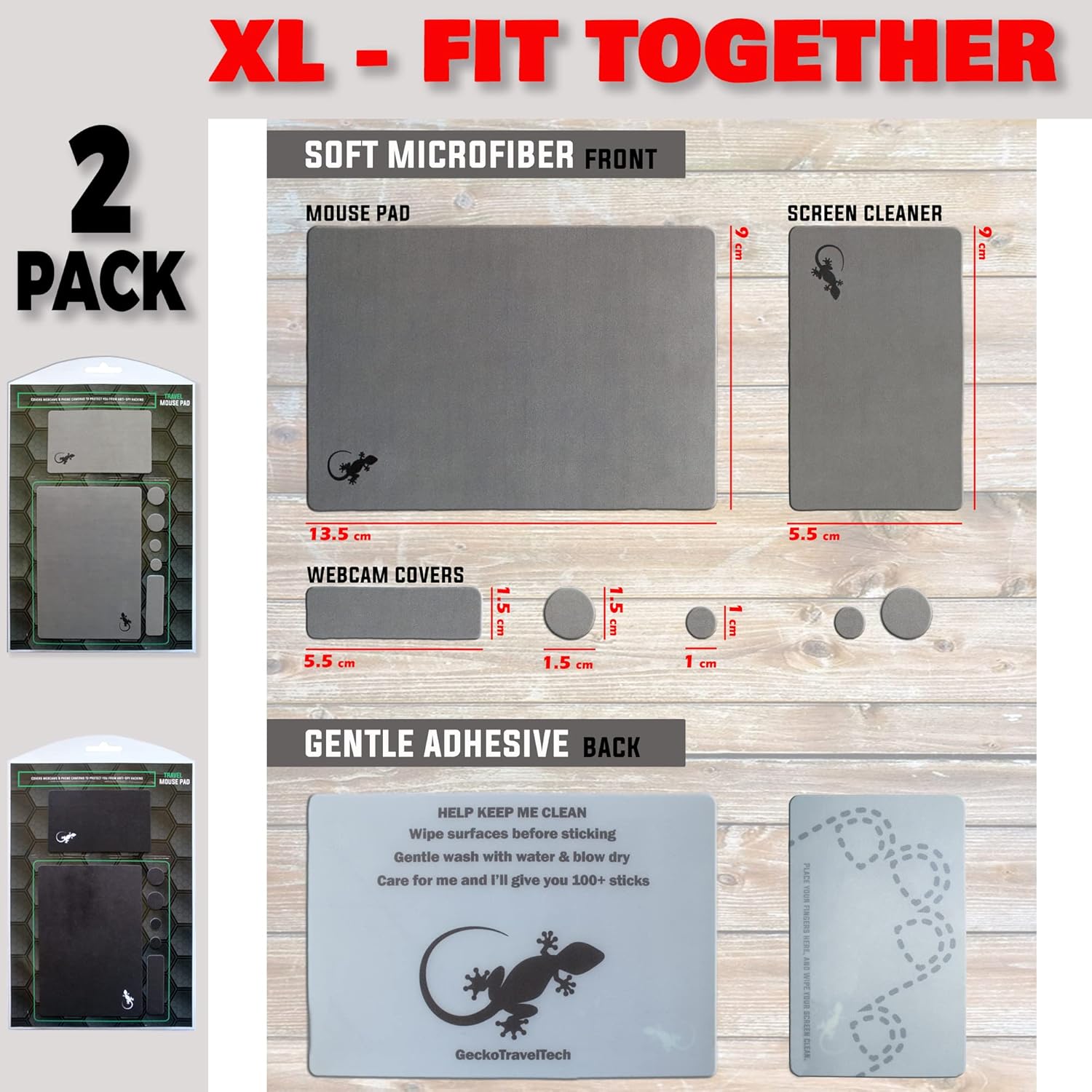 Mouse Pad Adhesive Bottom - Sticks to Any Surface - Portable - Webcam Covers and Screen Cleaner Included (2 x Black - Gray)