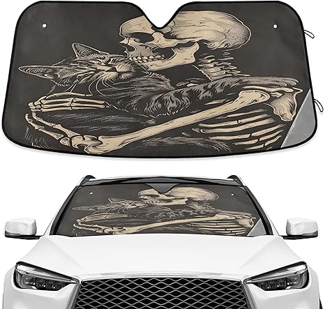 Funny Cat Skeleton Skull Black Windshield Sunshade Car Sun Shade Front Window Shade for Truck SUV Blocks UV Rays Sun Reflector Visor Protector Accordion Folding