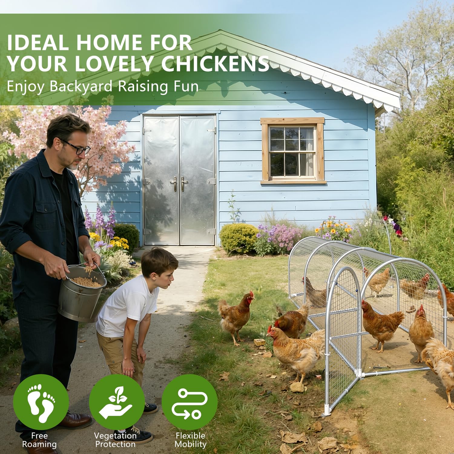 Gallinero de metal con corral, 10 x 2 x 2 pies, con cubierta impermeable y anti-ultravioleta para exteriores, patio trasero y granja, corral de pollo para patos, conejos (plata, 24 x 26 x 118 pulgadas
