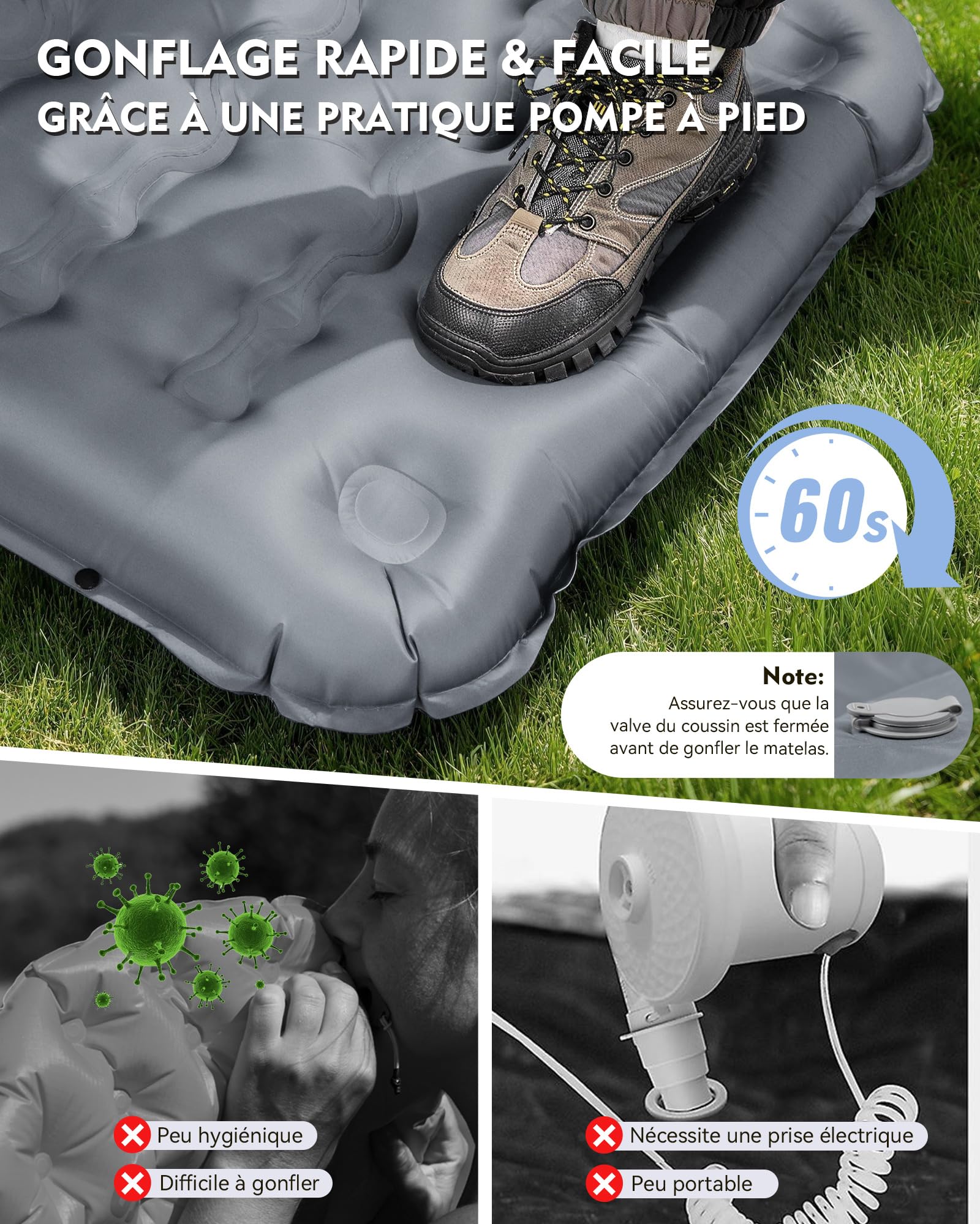 Matelas Camping Autogonflant 1 Personne 12 cm HIKENTURE avec Oreiller Intégré et Pompe à Pied - Gris