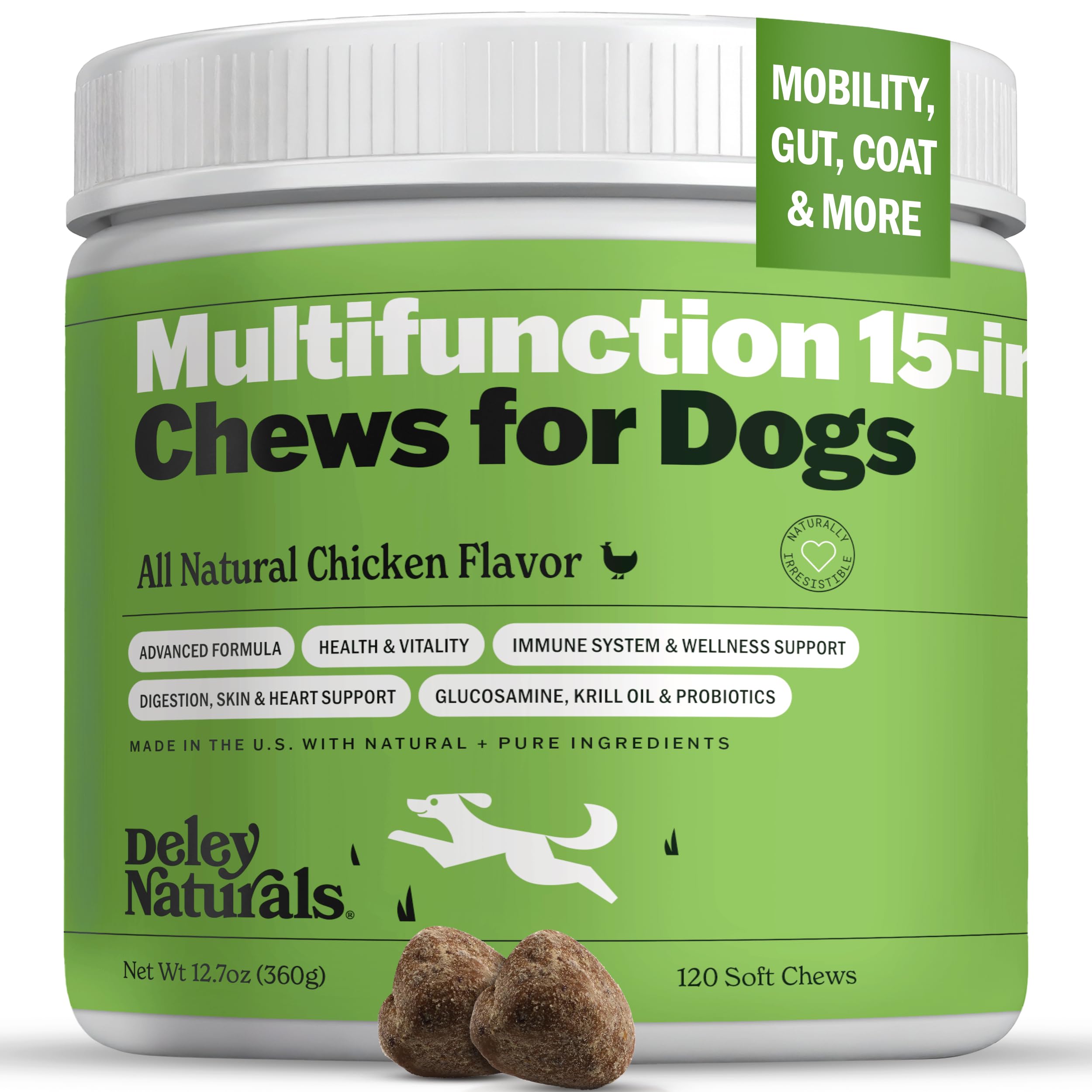 Deley Naturals 15 in 1 Multivitamin for Dogs - Complete Dog Vitamins and Supplements for Immune Support, Joint, Skin, Digestion, Heart & Overall Health - Daily Multifunction Supplements - 120 Chews