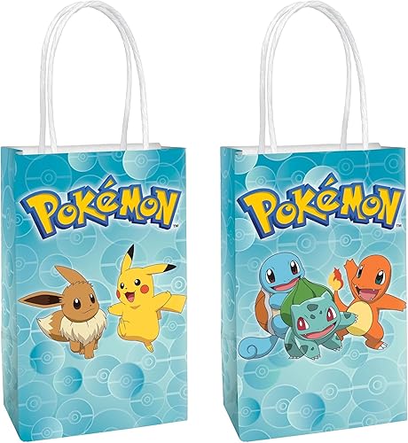 Amscan Bolsas de papel kraft impreso, 8.25 x 5.25 x 3 pulgadas, 8 piezas, perfectas para fiestas, regalos y golosinas, Pokémon