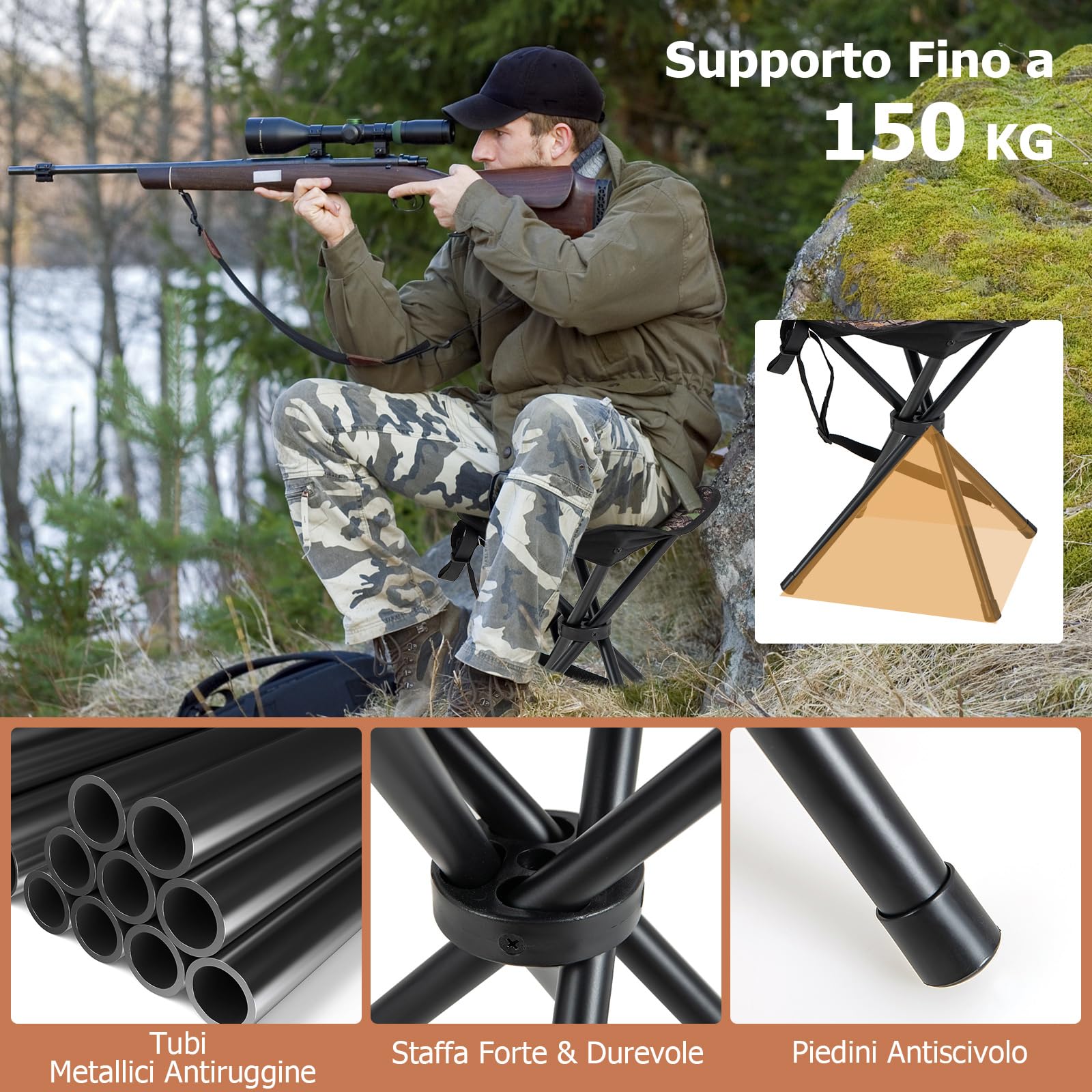 GYMAX Set di 2 Sgabelli da Caccia Pieghevoli, Sedia da Esterno con Tubi in Metallo Spesso e Piedini Antiscivolo, Adatta per Caccia, Campeggio, Pesca e Picnic