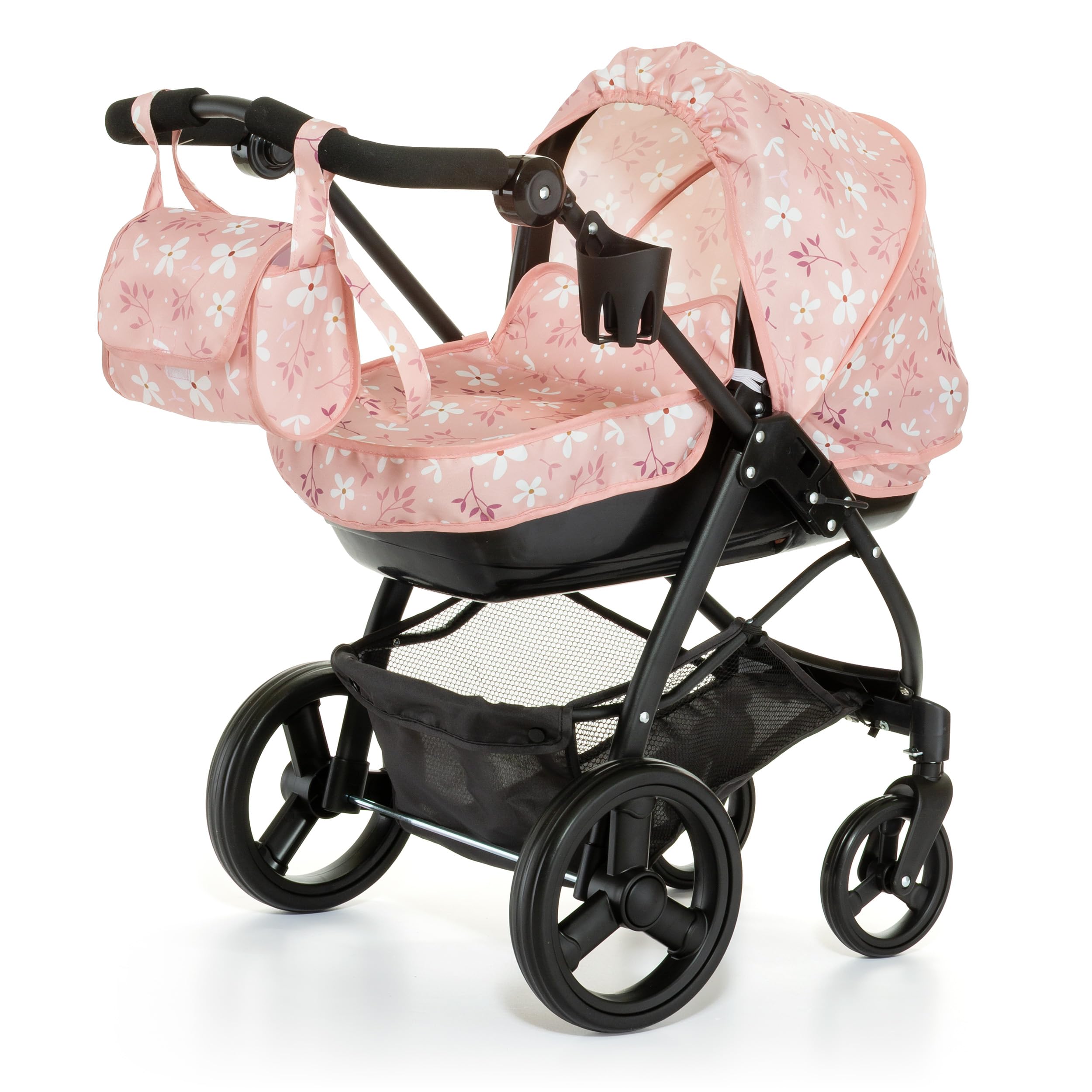 MOLTO – 2-in-1-Puppenwagen Bella mit Abnehmbarer Babywanne und verstellbarem Schiebegriff, Spielzeugwagen mit Verdeck, Wickeltasche und Korb, für Puppen bis 53 cm, ab 3 Jahren