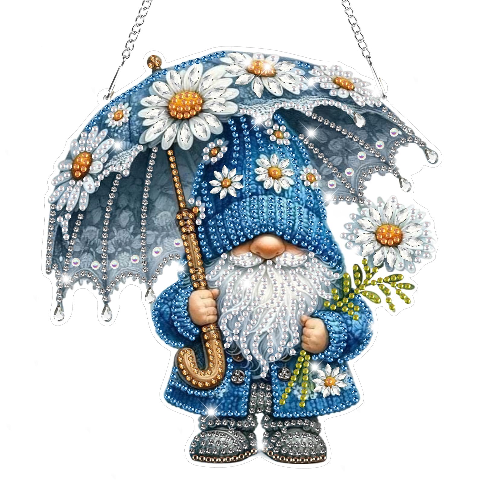 Bowetile Gnome Diamond Art Hanging Kits for Adults, 5D Special Shape Diamond Painting Daisy Pendant Kits, Gem Art Suncatchers Painting Window Ornament