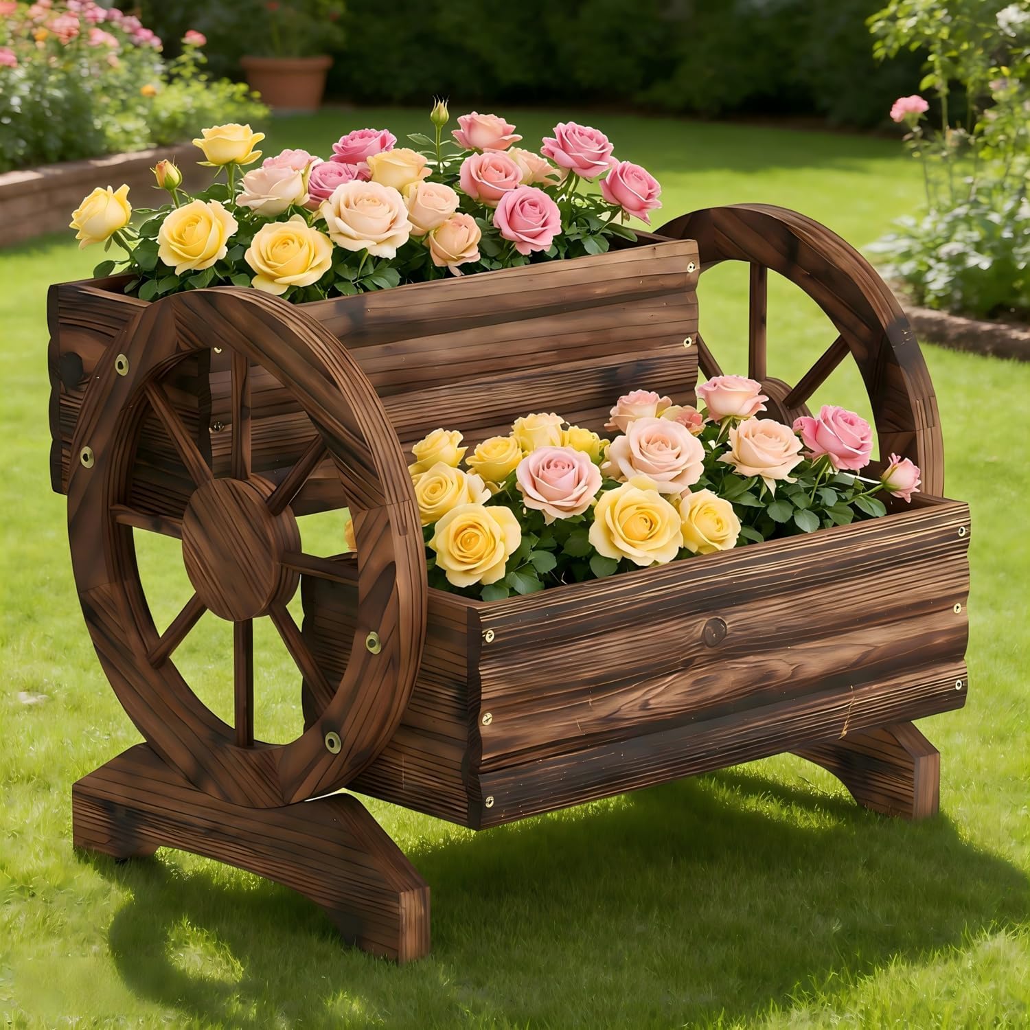 Wooden Wagon Planter Wooden Flower Cart with Wheels Outdoor Garden Planter, Decor Planter for Patio Balcony Decoration Succulent Flower Pot for Indoor Backyard Balcon planters (Carbonized)