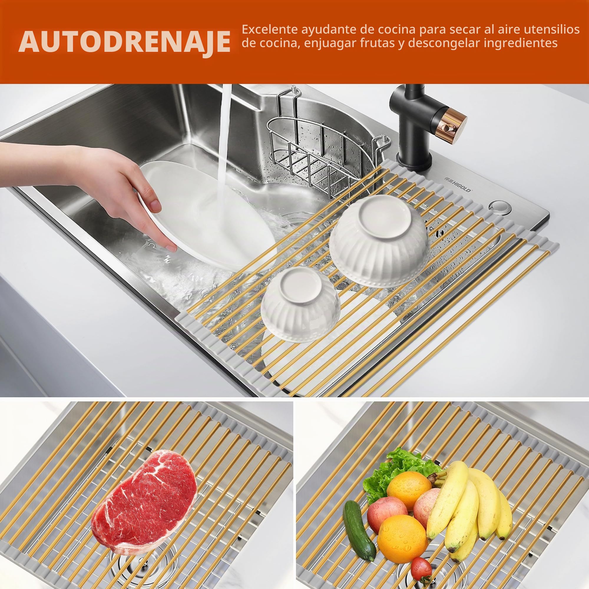 Escurridor de Platos Enrollable Dorado Grande – Secaplatos de Acero Inoxidable