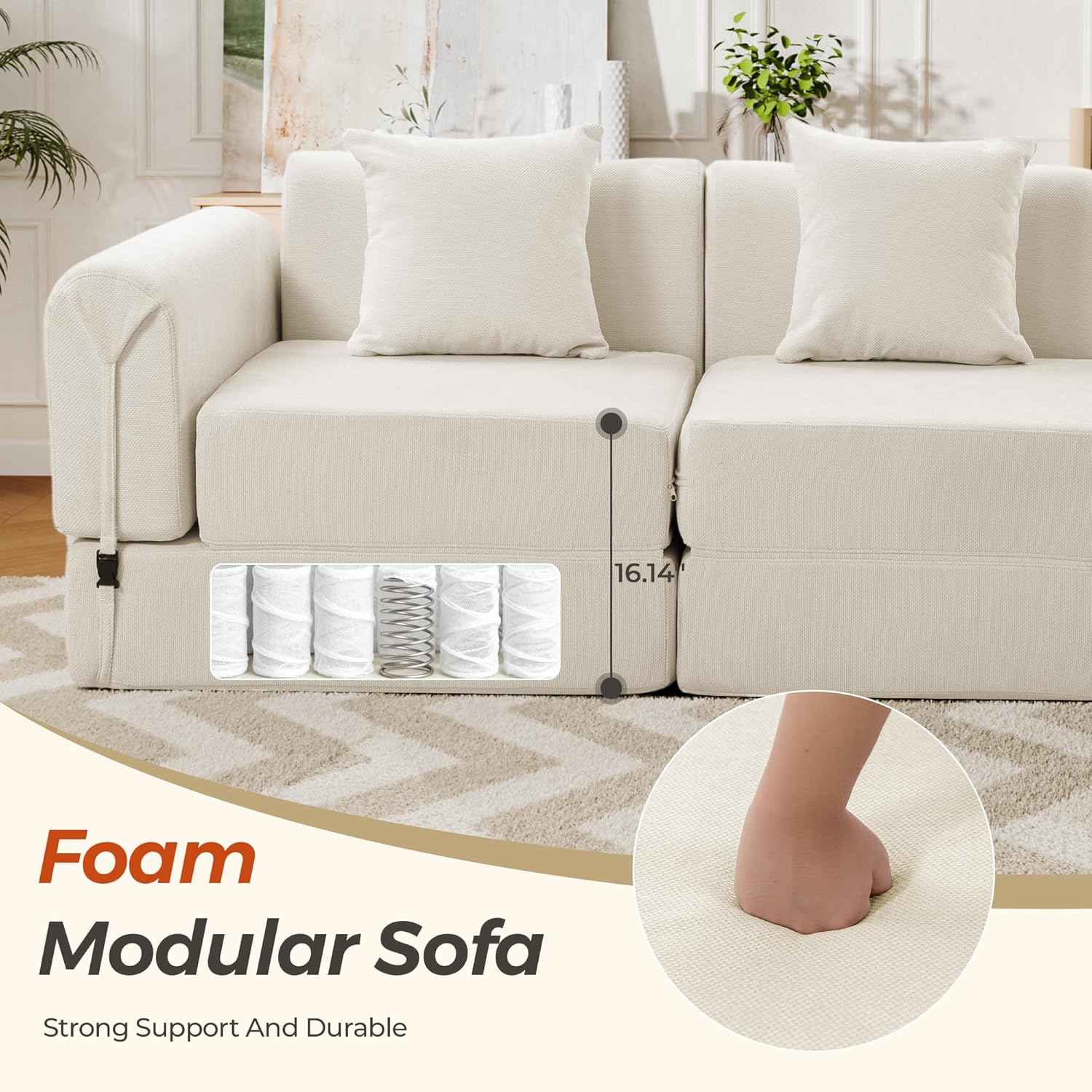 99.2" Modular Sectional Sofa Bed, Convertible Futon Sleeper Couch with Movable Side Table, Tool-Free Assembly Floor Sofa with Metal Support Frame, Chenille Deep Seat for Living Room Beige