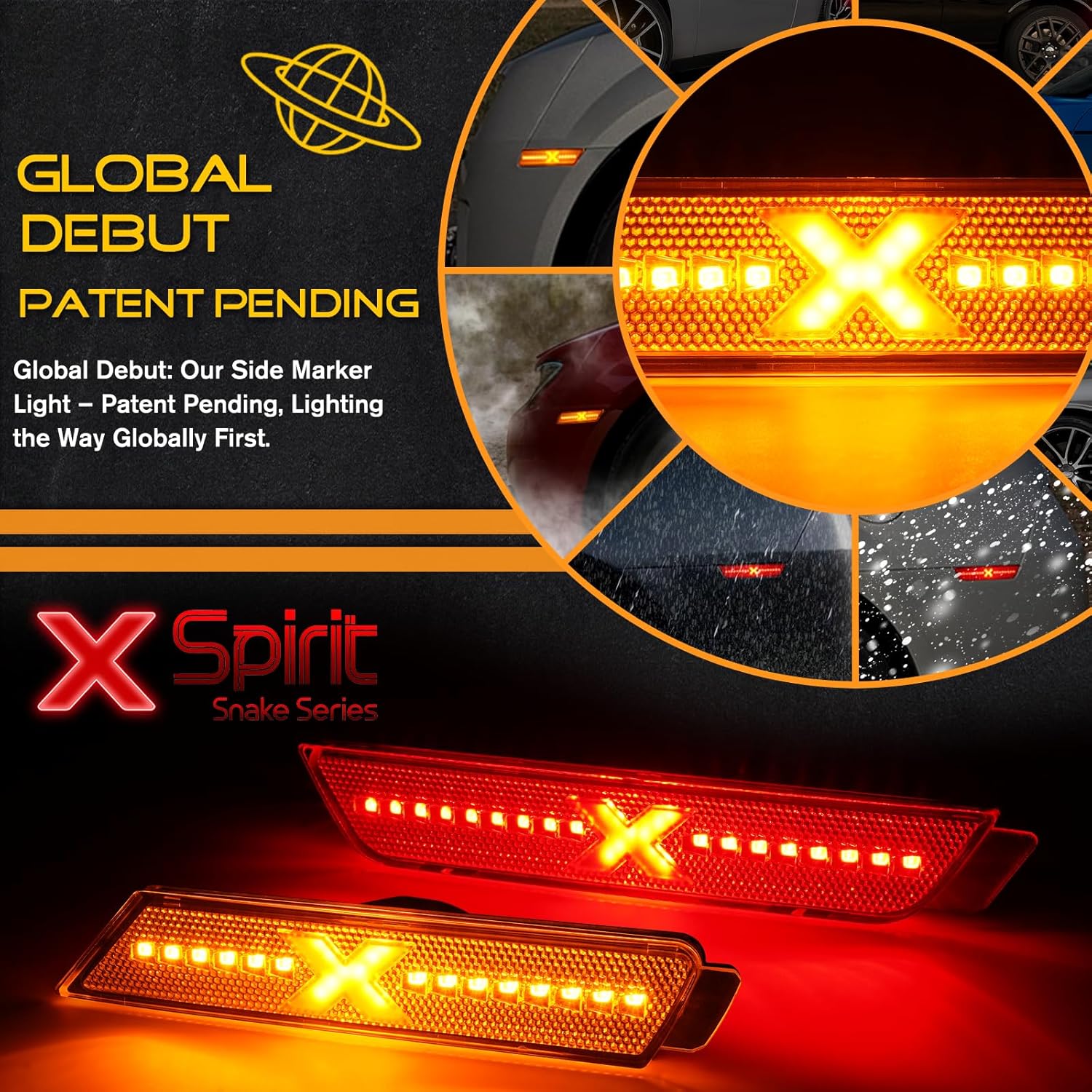 LED Side Marker Lights for 2010-2015 Chevy Camaro XStyle [Patent Pending], Front Rear Bumper Fender Marker Lamps, Clear Lens Pack of 4 Spirit Snake Series