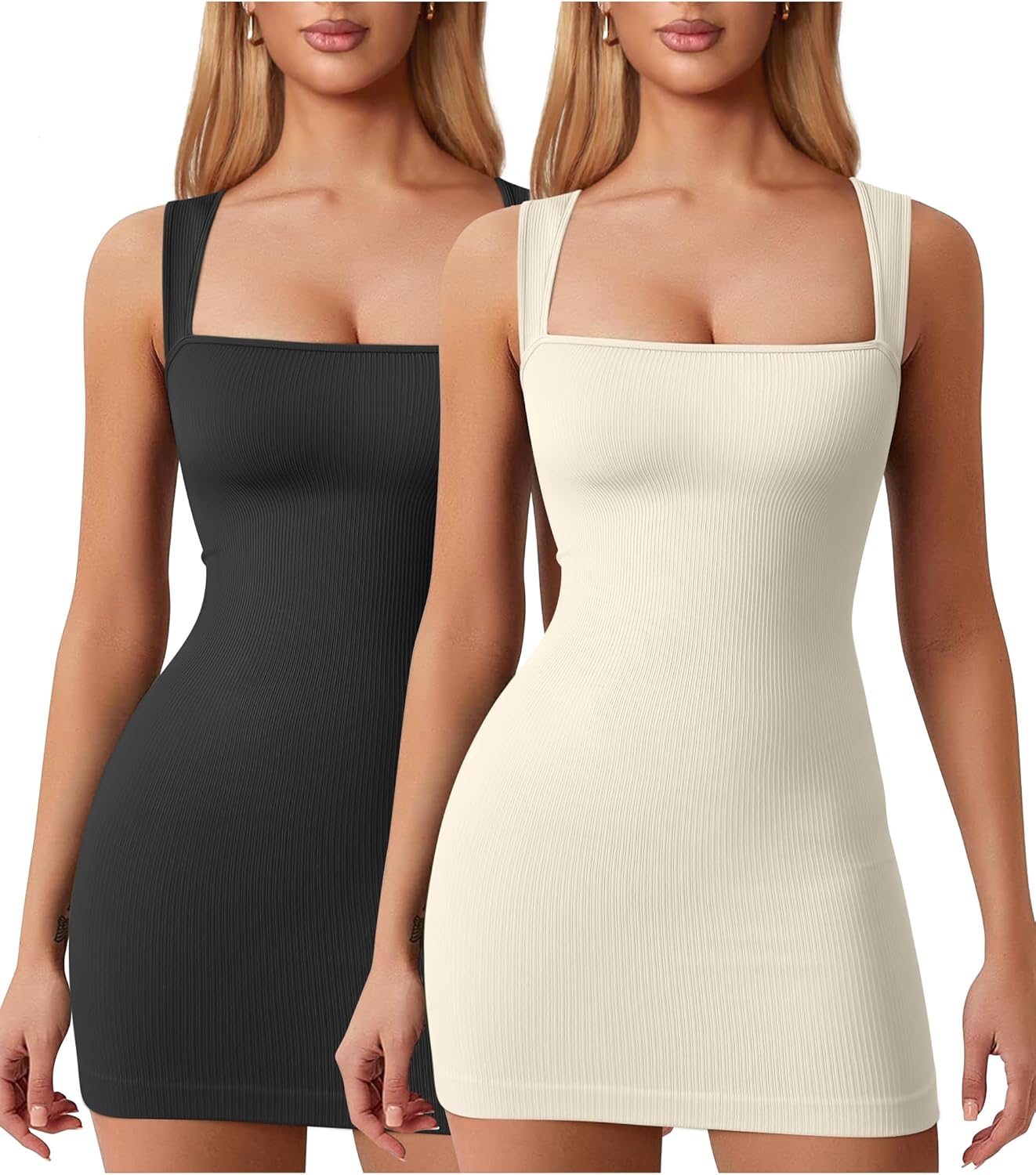 OQQ Women's 2 Piece Mini Dresses Sexy Ribbed Strappy Square Neck Tank Tops Mini Dress Black Beige, Small