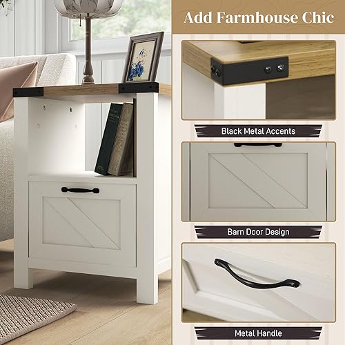 Miniatura 5 de HOMCOM Farmhouse Side Table, End Table with 1 Drawer, 1 Open Shelf and Tabletop for Living Room, White