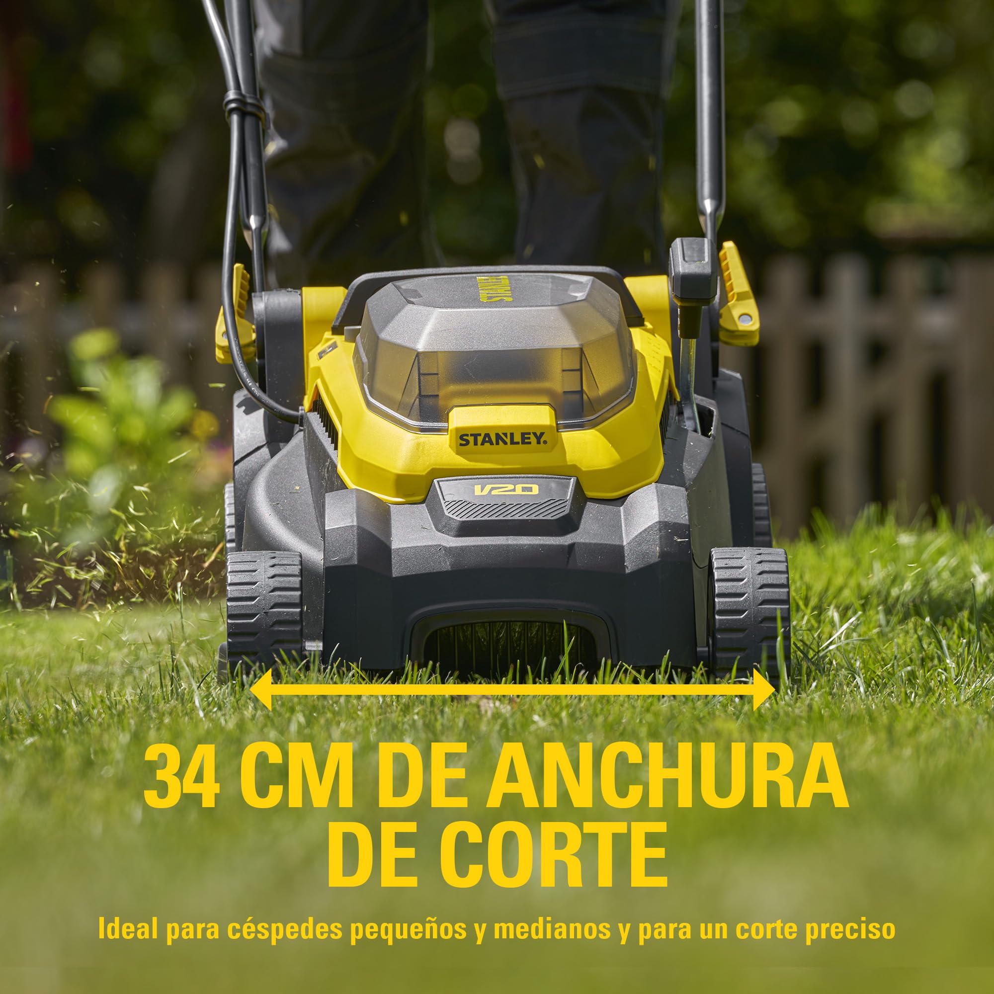 STANLEY V20 Cortacésped sin escobillas de 34 cm, incluye batería de iones de litio de 4 Ah y cargador de 2 A, 18 V, SCMWP3401M1-QW