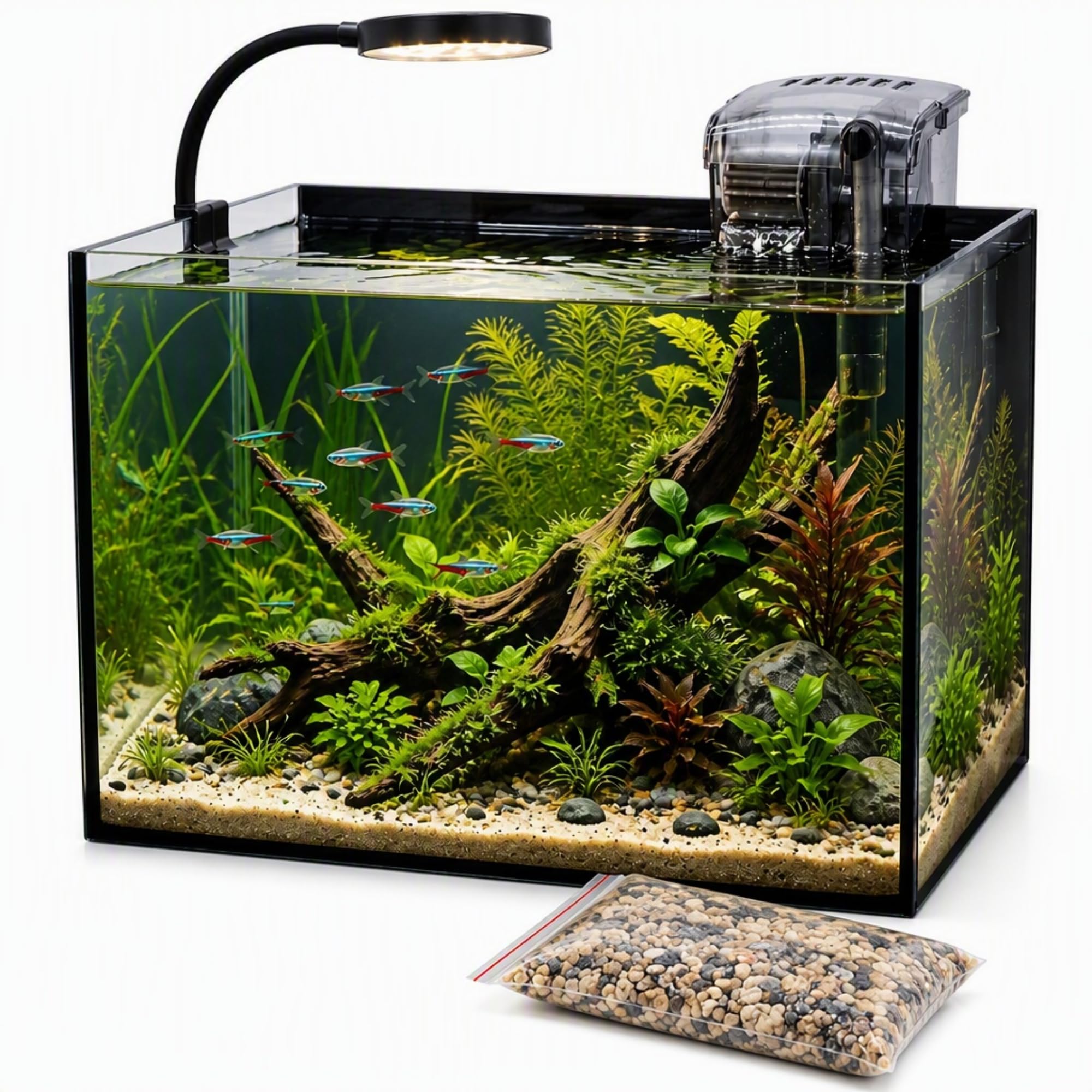 Smart Fish Tank Aquarium Kit: 2,8 Gallonen Ultraklares randloses Desktop-Fischbecken mit LED-Licht und Filter, inklusive Landschaftsstein, Komplettset für kleine Fische, Garnelen oder Betta, Schwarz