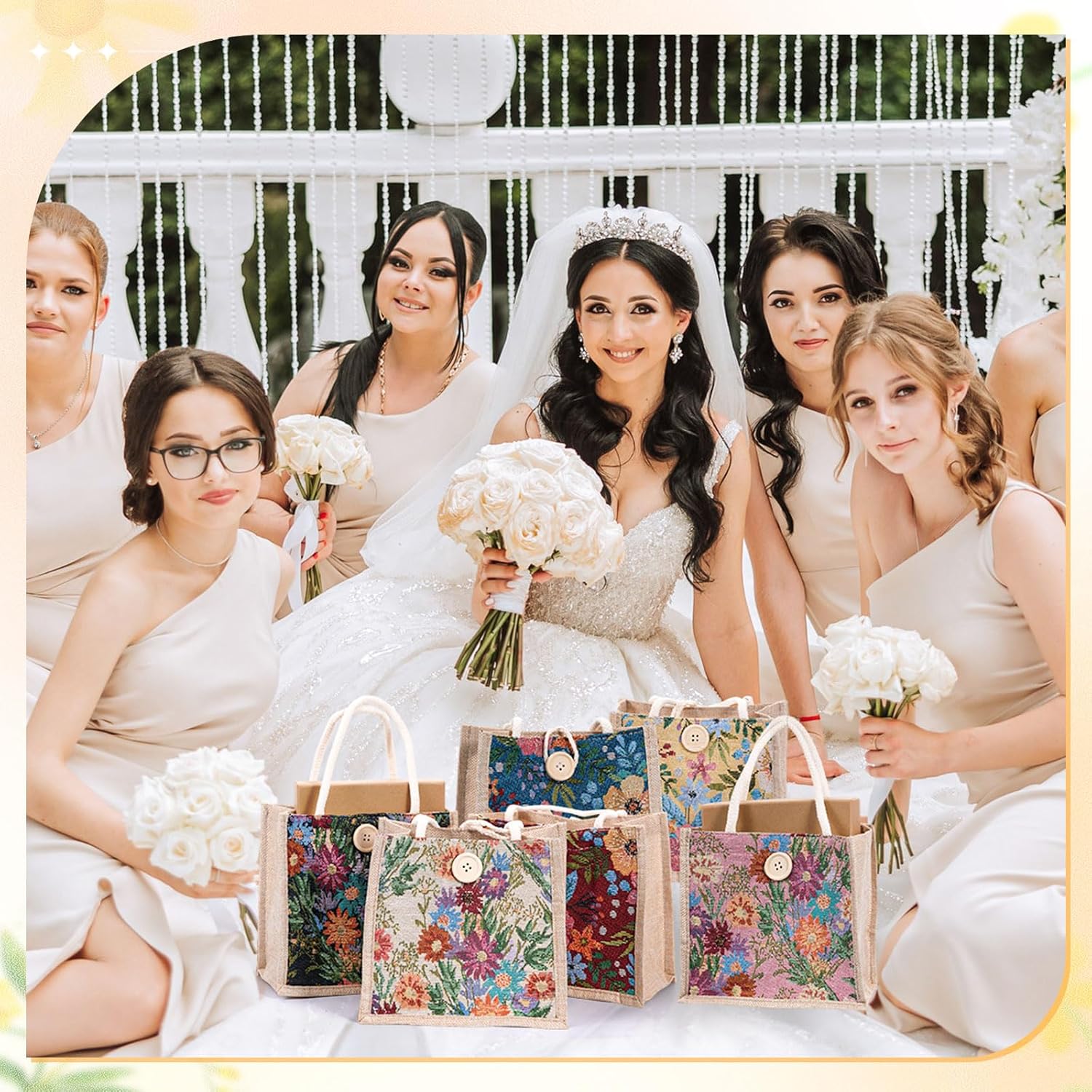 Abbylike 6 Pcs Women Tote Bag Mini Jute Reusable Floral Burlap Canvas Embroidered Grocery Bag for Christmas Birthday Gift (Flowers) - Image 2