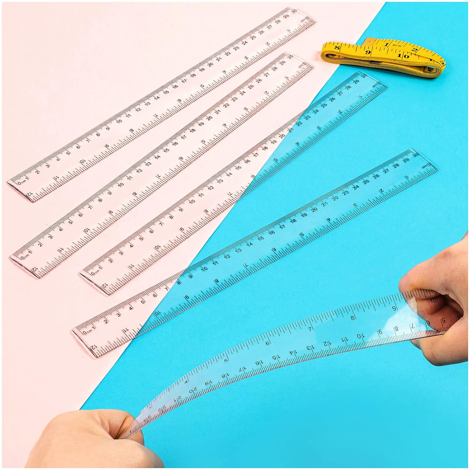 4 Pack Clear Plastic Ruler, 12 Inch Straight Ruler with 1 Soft Ruler