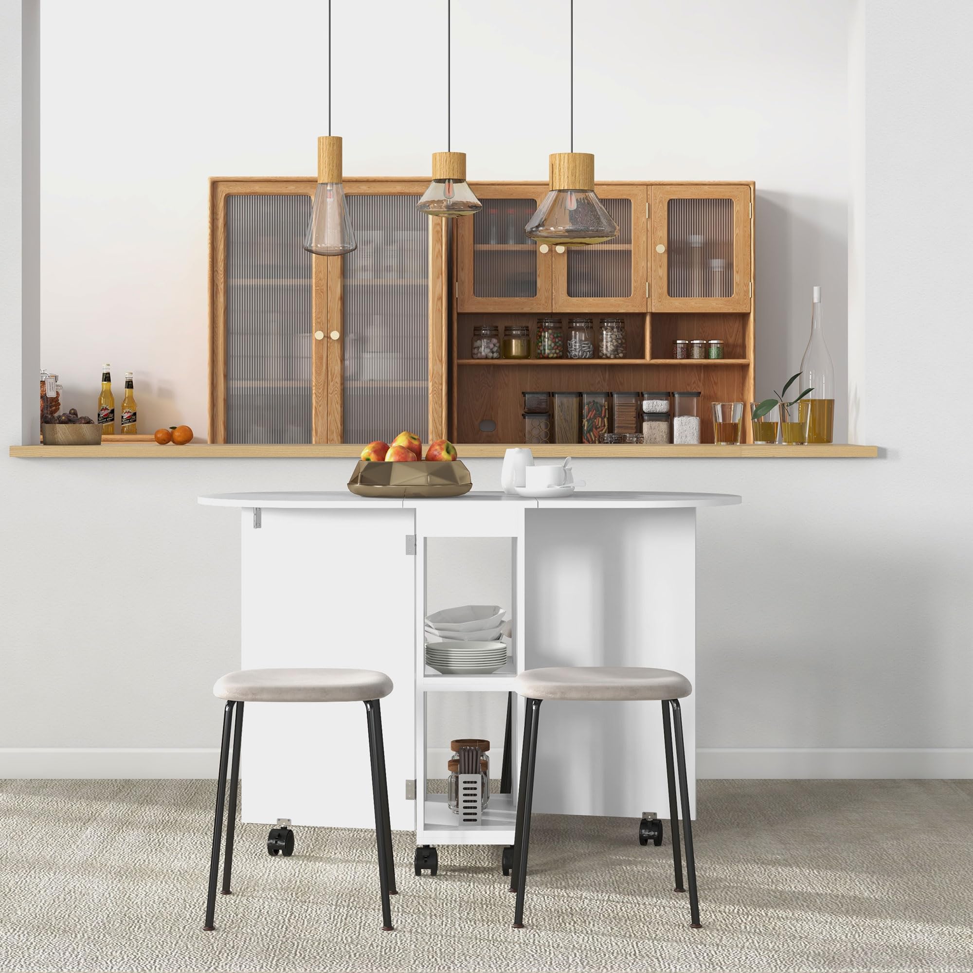 HOMCOM Mesa de Comedor Plegable Mesa de Cocina Moderno con Ruedas Laterales Abatibles y 2 Estantes Abiertos Carga 80 kg 120x60x77 cm Blanco