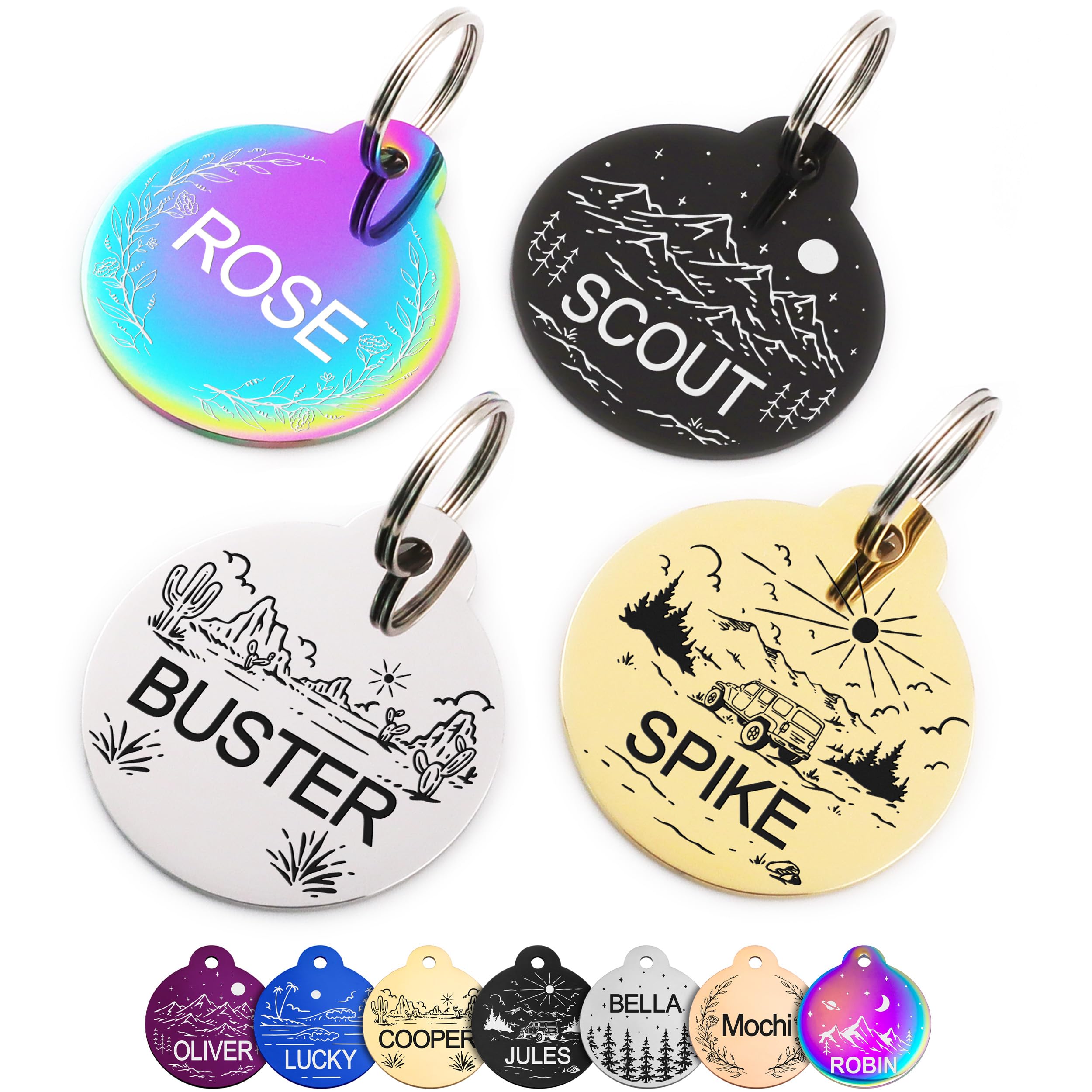 GoTags Stainless Steel Pet ID Tags, Personalized Dog Tags and Cat Tags, up to 5 Lines of Custom Text, Collar Charm Engraved on Both Sides with Designs