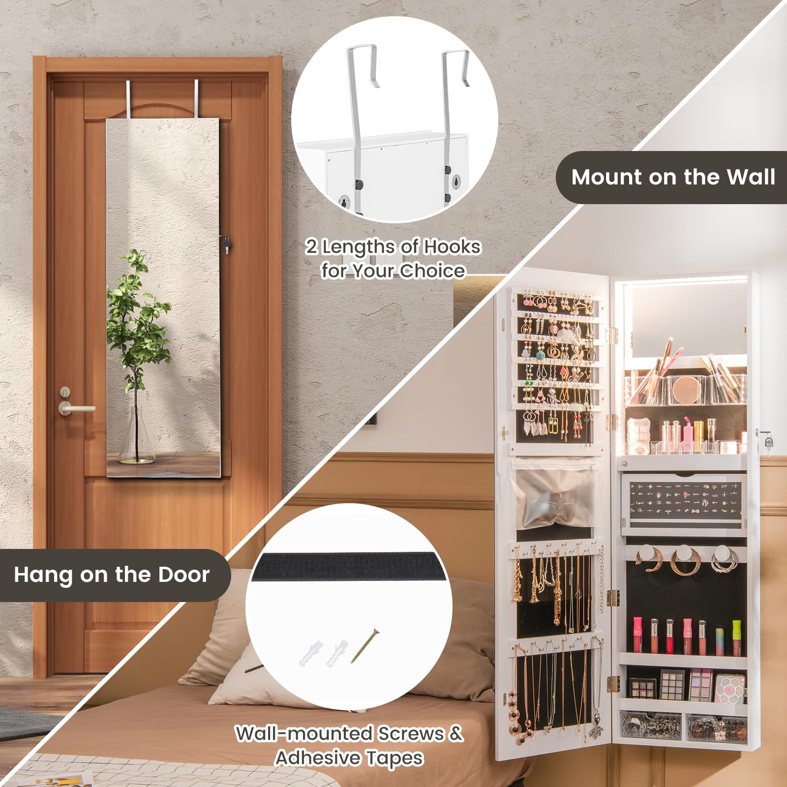 RELAX4LIFE Schmuckschrank mit 2 Spiegel, Spiegelschrank mit 3-farbigen LED-Lichtern & Schloss, Schmuckorganizer für Ohrringe & Armband & Kette & Ringe & Kosmetik, Wand-/Türmontage (Weiß)
