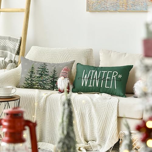 Miniatura 10 de AVOIN colorlife Juego de 4 fundas de almohada verdes con diseño de árbol de Navidad, diseño de árbol de Navidad, 18 x 18 pulgadas, muérdago y pino,