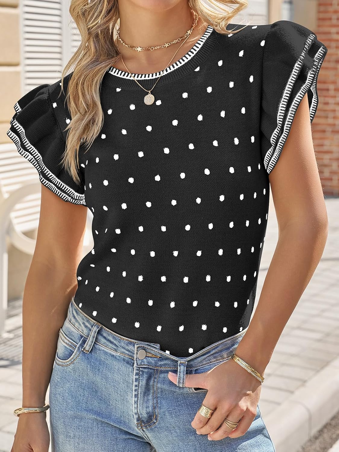 Saodimallsu Womens Ruffle Short Sleeve Sweaters Polka Dots Casual Crew Neck Flutter Sleeve Knit Summer Tops - Image 3