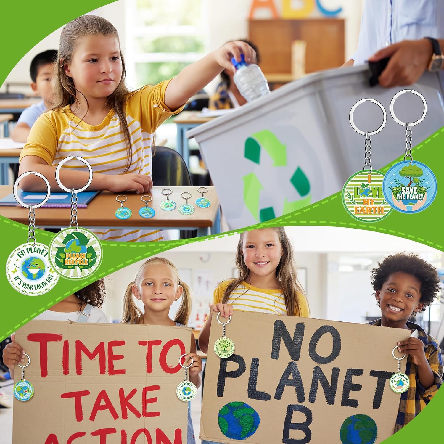 120 Pcs Earth Day Keychain Accessories Bulk Green Awareness Keychain Save the Earth Theme April 22 Reuse Reduce Recycle Sign Green and Blue Key Chains for Classroom Party Favors Kid Men Women