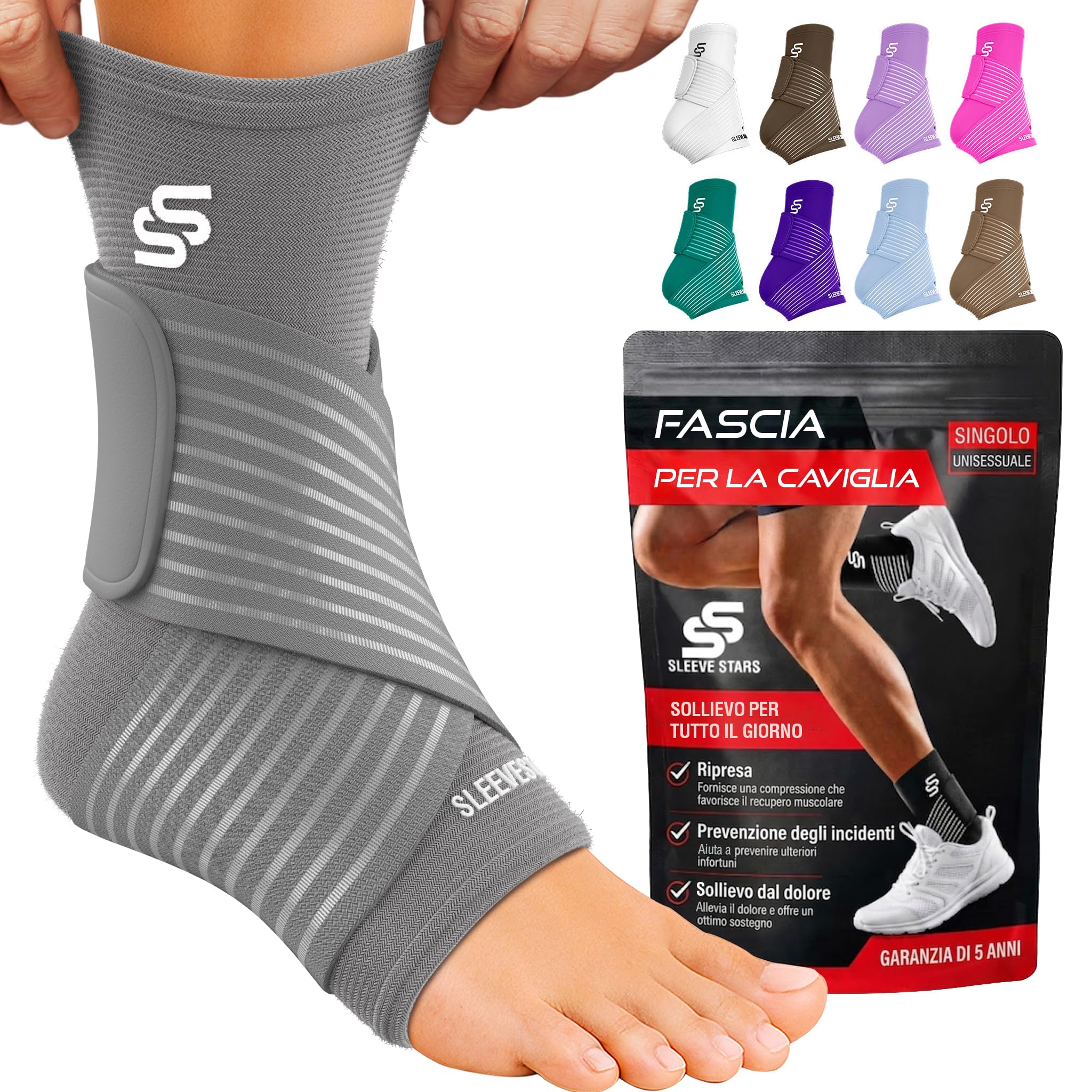 Sleeve Stars Cavigliera Ortopedica per Distorsione - Cavigliera Sportiva, Rimedio Fascite Plantare e Tendine d'Achille, Fascia Elastica Caviglia con Cinturino per Uomo e Donna (1, Grigio, L)
