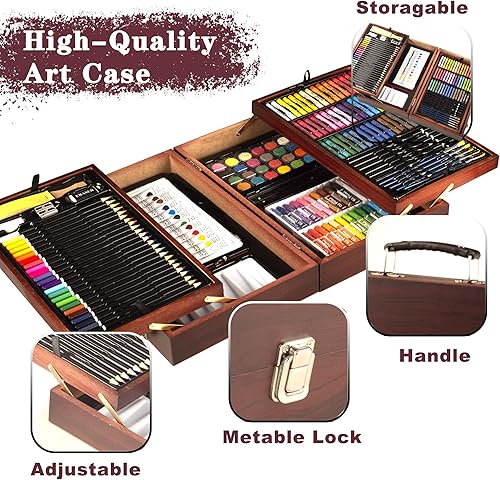 Miniatura 6 de KINSPORY Paquete de 168 suministros de arte, juego de arte de madera de lujo, para manualidades, dibujo, pintura, kit para colorear, blocs de