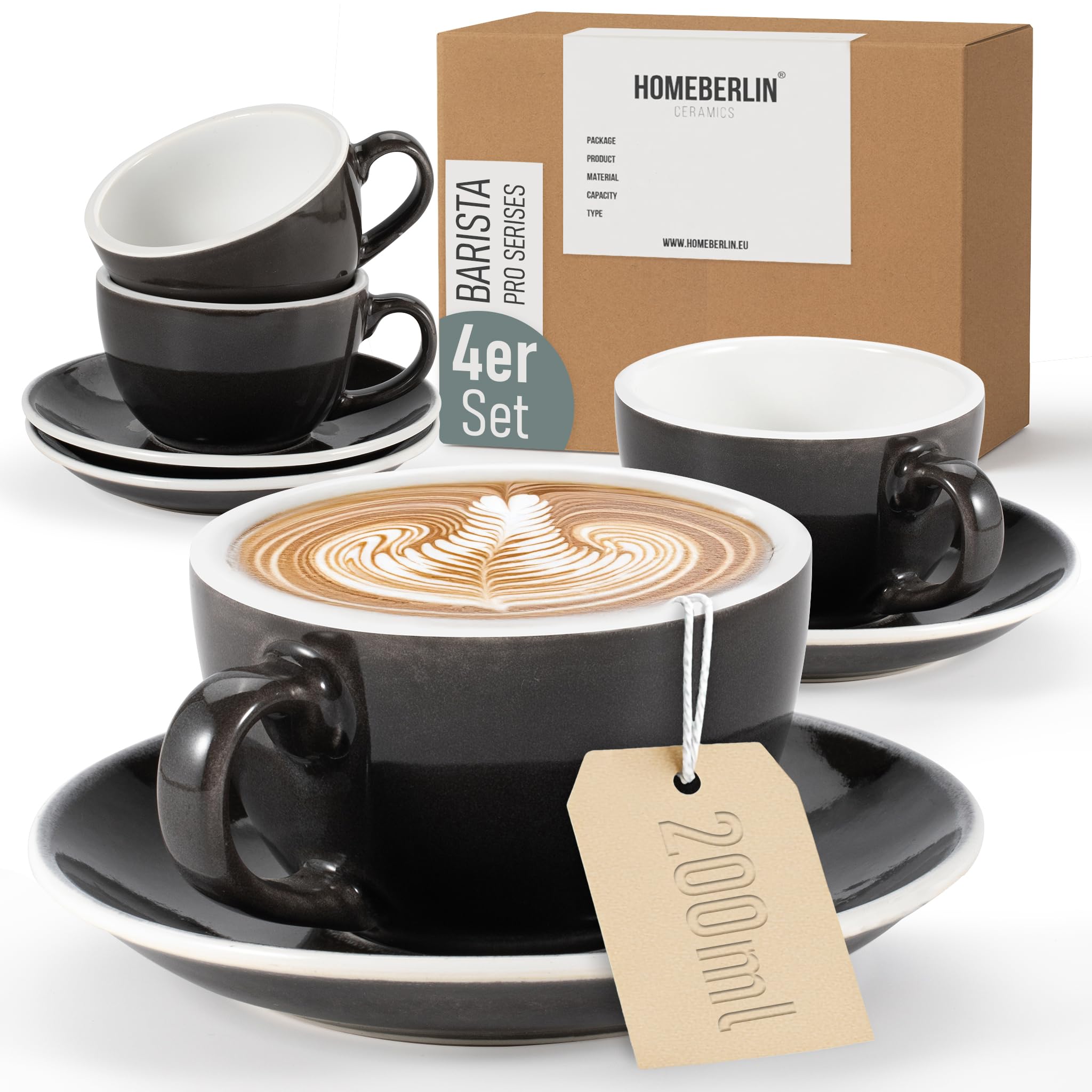 Barista Pro Cappuccino Tassen Set - 200ml Kaffeetassen Set - Premium Kaffee Tassen Set aus hochwertigem Steingut - Vier Moderne Kaffeetassen mit passenden Untertassen - 100% Handfertigung