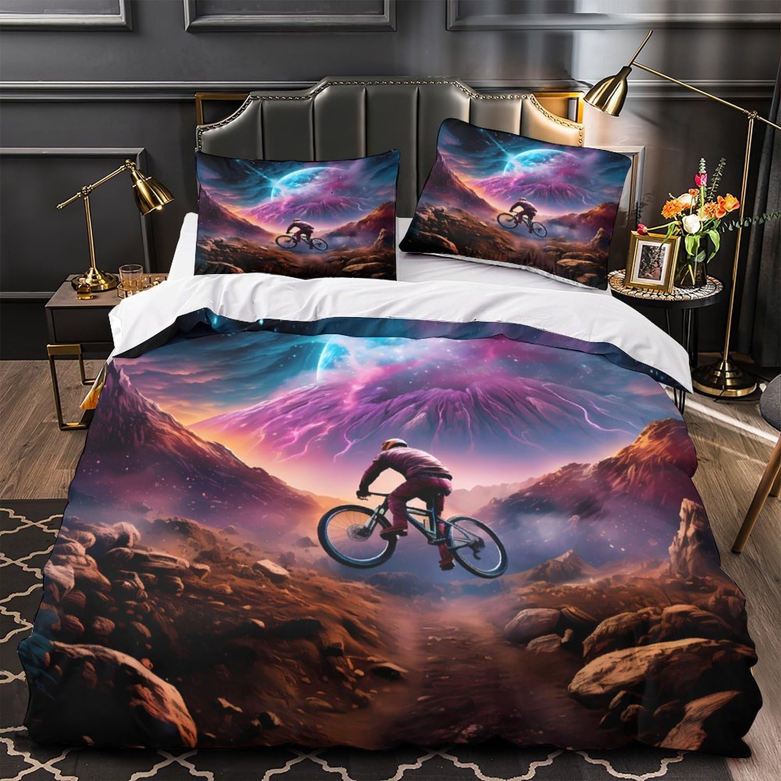 MMDASBVPE Bicycle Rider Comforter Cover 3D Print Wrinkle-Resistant 3-Piece Bed Set Hidden Zipper Quilt Cover Premium Machine Washable for Adults Women Kids Girls Boys Youth King（220x240cm）
