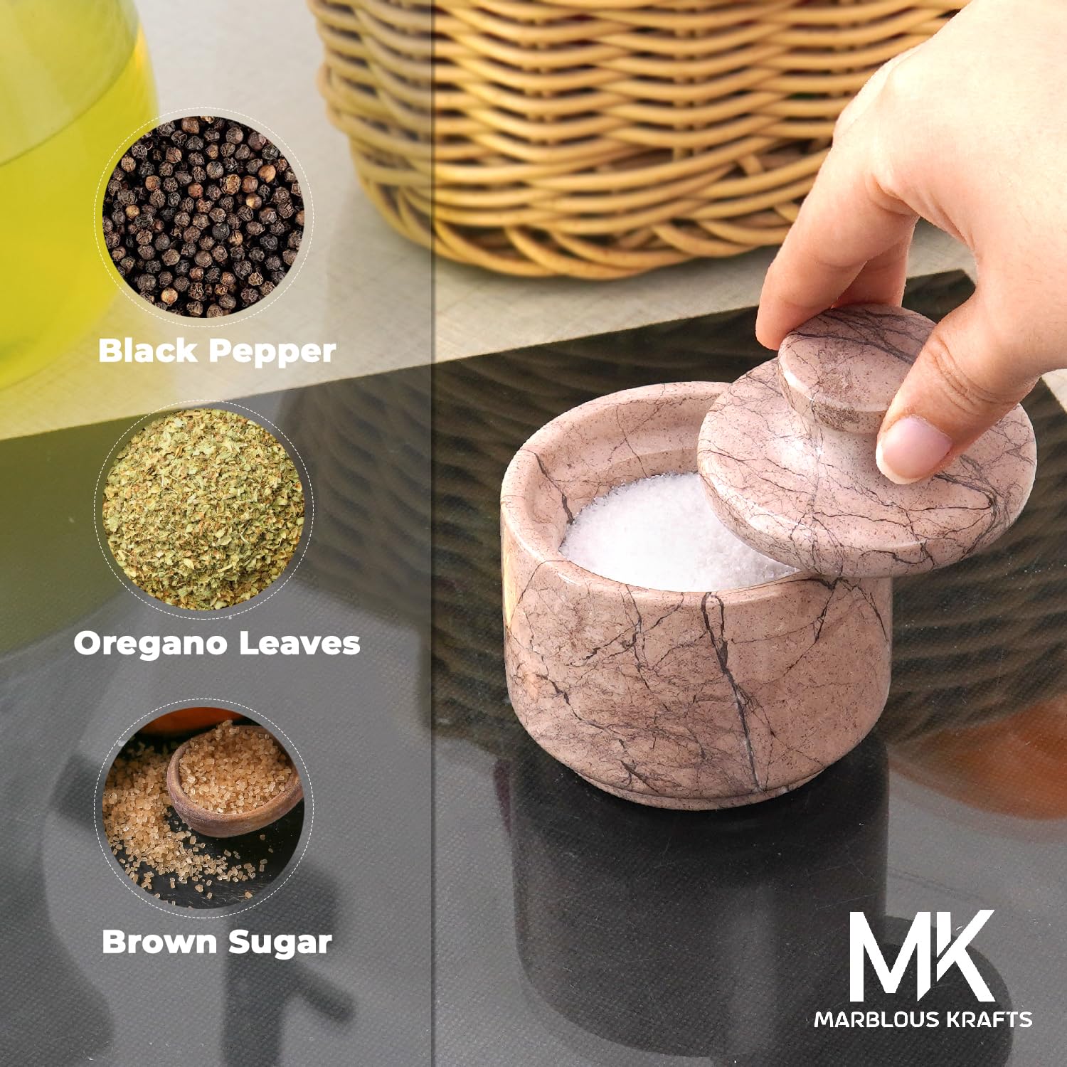 MARBLOUS KRAFTS stylish marble sugar dispenser 3" X 3" salt cellar, single salt container with lid (Marinara), MK-SCS-01 - Image 4