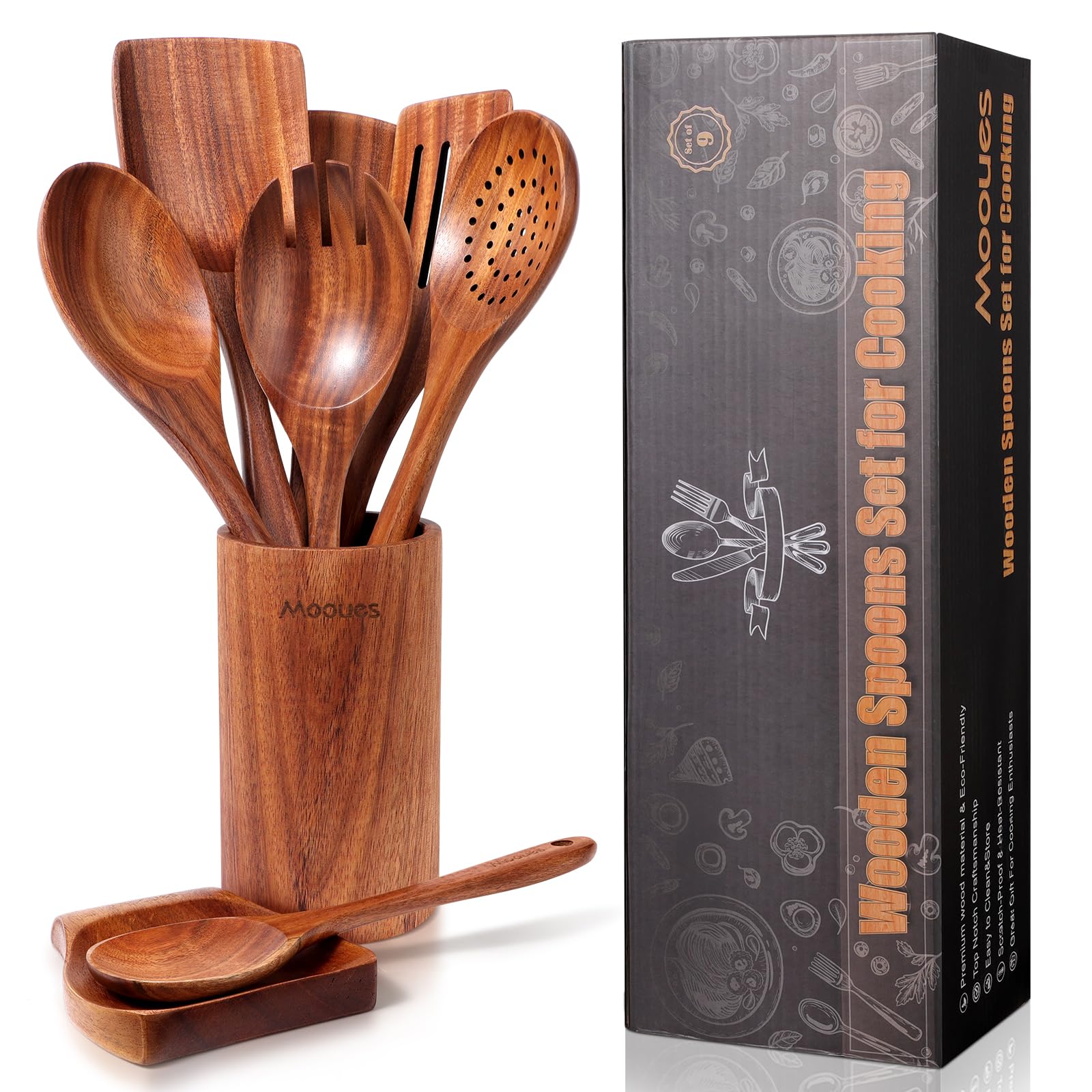 Ustensiles de Cuisine en Bois de Teck 9 Pièces, Ensemble Premium avec Cuillères, Spatule et Support, Naturels, Résistants à la Chaleur et Anti-Rayures, Facile à Nettoyer pour Cuisine Quotidienne (9)