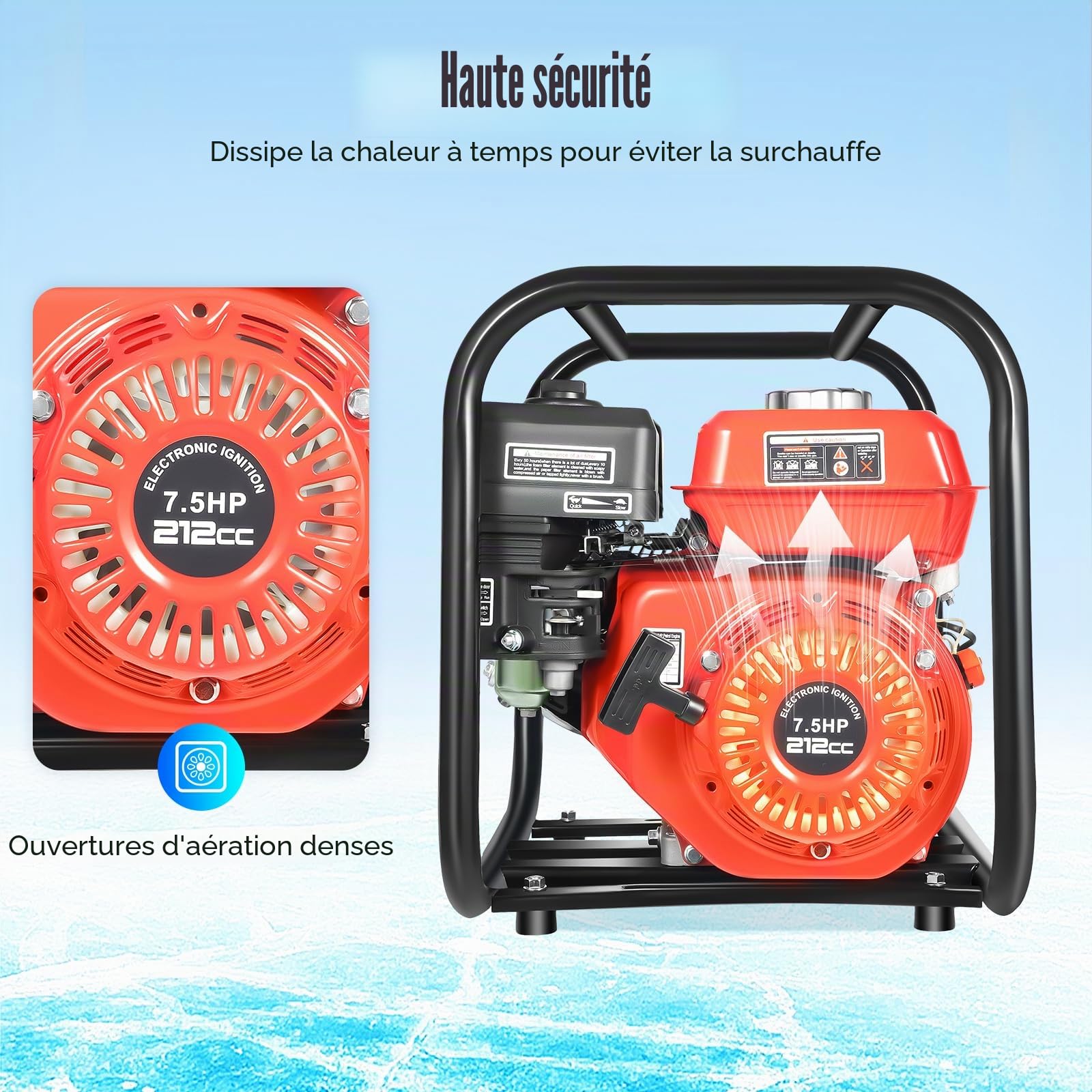 Pompe à Eau Thermique Essence 7,5CV 4 Temps Pompe Irrigation Jardin 2 Pouces Débit 26M³/H, Pompe de Surface Haute Pression 30m, Moteur Monocylindre Refroidi Air, Autonomie 5H