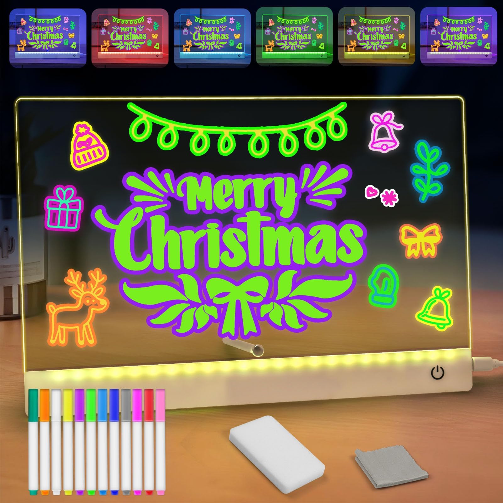 Kids led Drawing lamp with Battery, Light up Drawing Board Kids with 12 Color Pens, Rewritable Acrylic Led Message Board School Home Cafe Office, 30 * 20cm