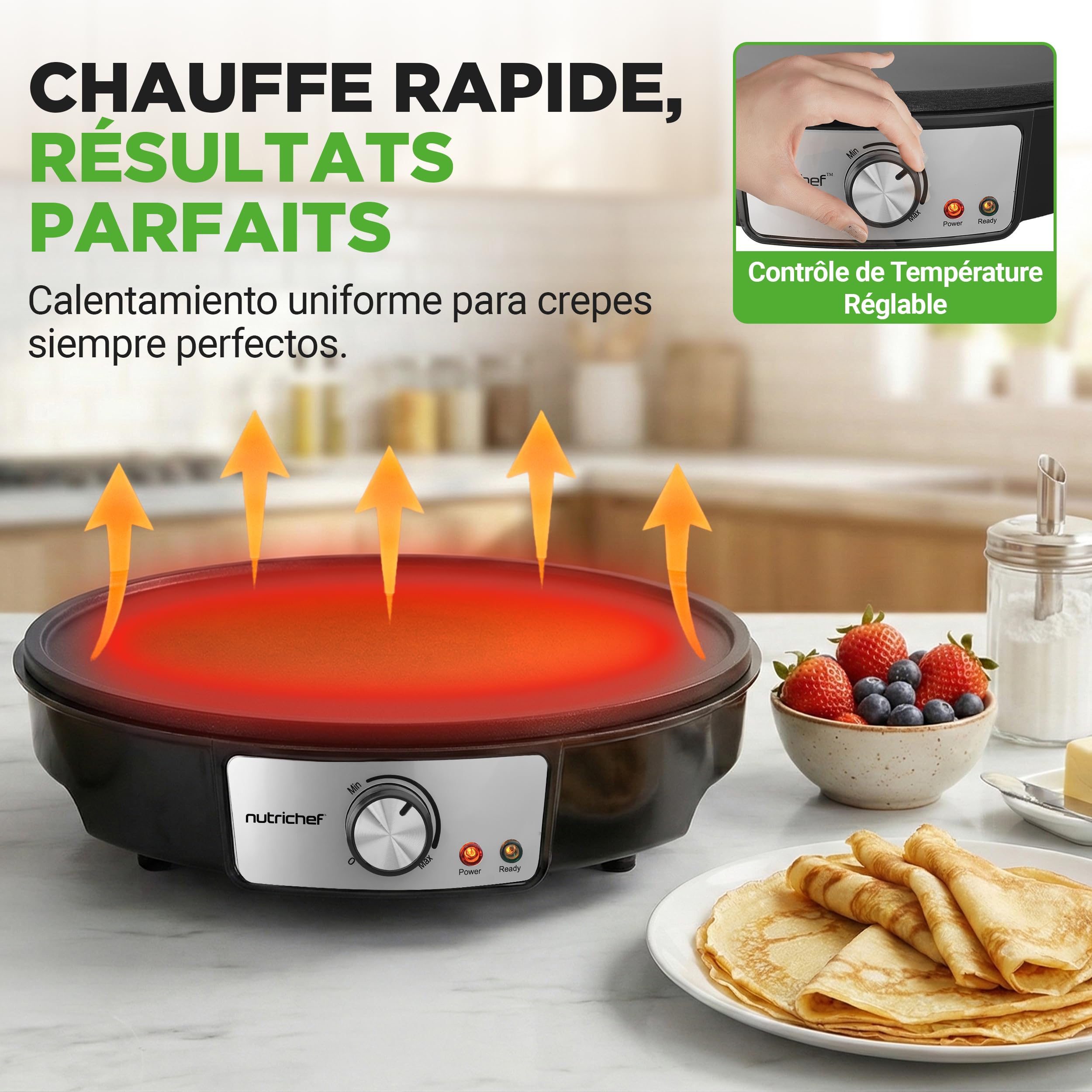 NutriChef Crêpière Électrique 30 cm – Plaque en Aluminium Antiadhésive avec LED, Thermostat Réglable, Spatule Bois et Râteau Inclus