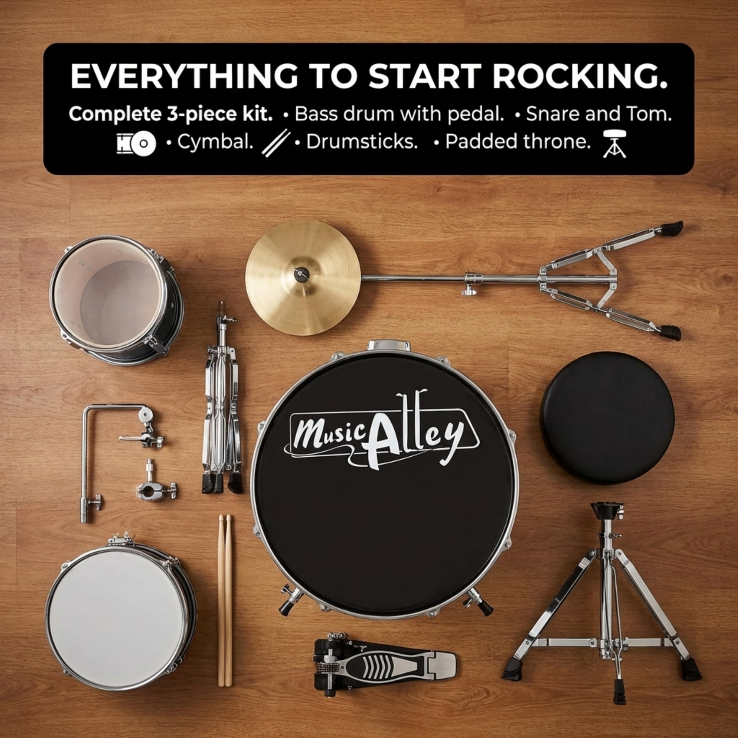 Music Alley DBJK02-BK 3-teiliges Anfänger-Drumkit für Kinder - Schwarz -inch schwarz