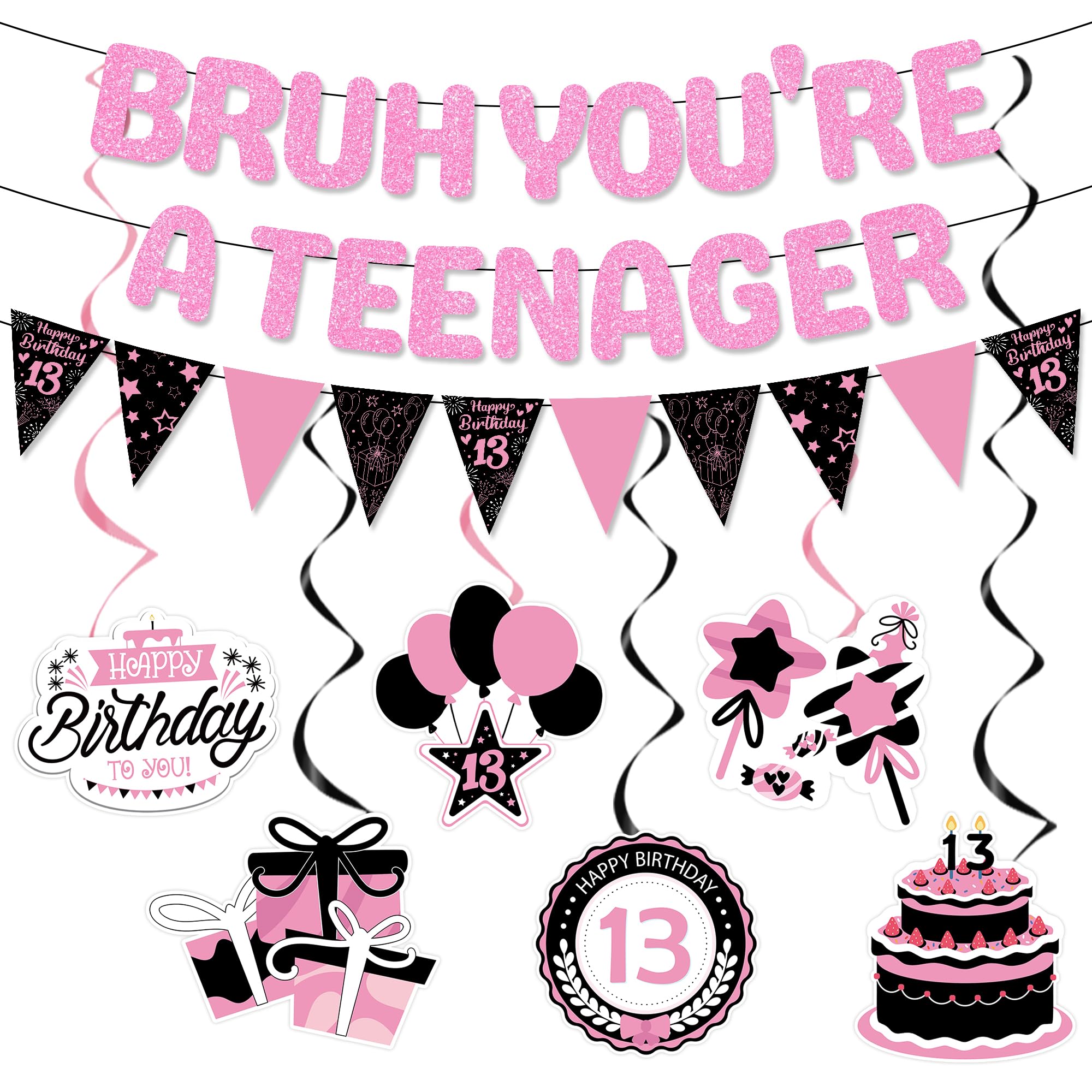 13th Birthday Decorations for Girls Black Pink Party Supplies, BRUH YOU'RE A TEENAGER Banner with Hanging Swirls, Stylish Decorations for Teens Girls 13th Birthday Party