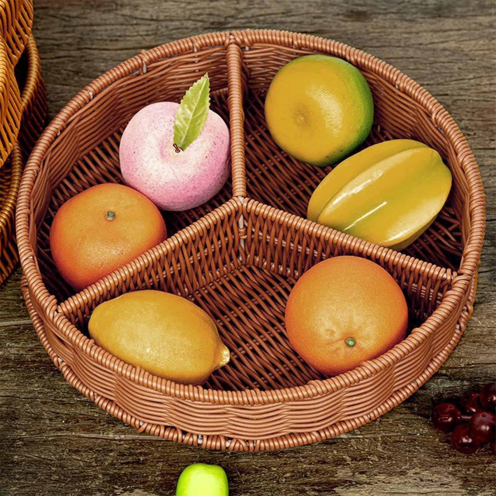 Runder gewebter Snack-Nizer mit 3 Fächern, Obst- und Nusskorb, dekoratives Tablett für Snacks, Süßigkeiten, Cracker und Obst, Aufbewahrungslösung für die Küche