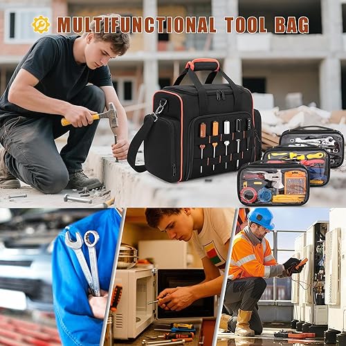 Miniatura 7 de Bolsa de herramientas con 3 estuches extraíbles, 2 capas de herramientas para herramientas manuales, negro con encuadernación roja