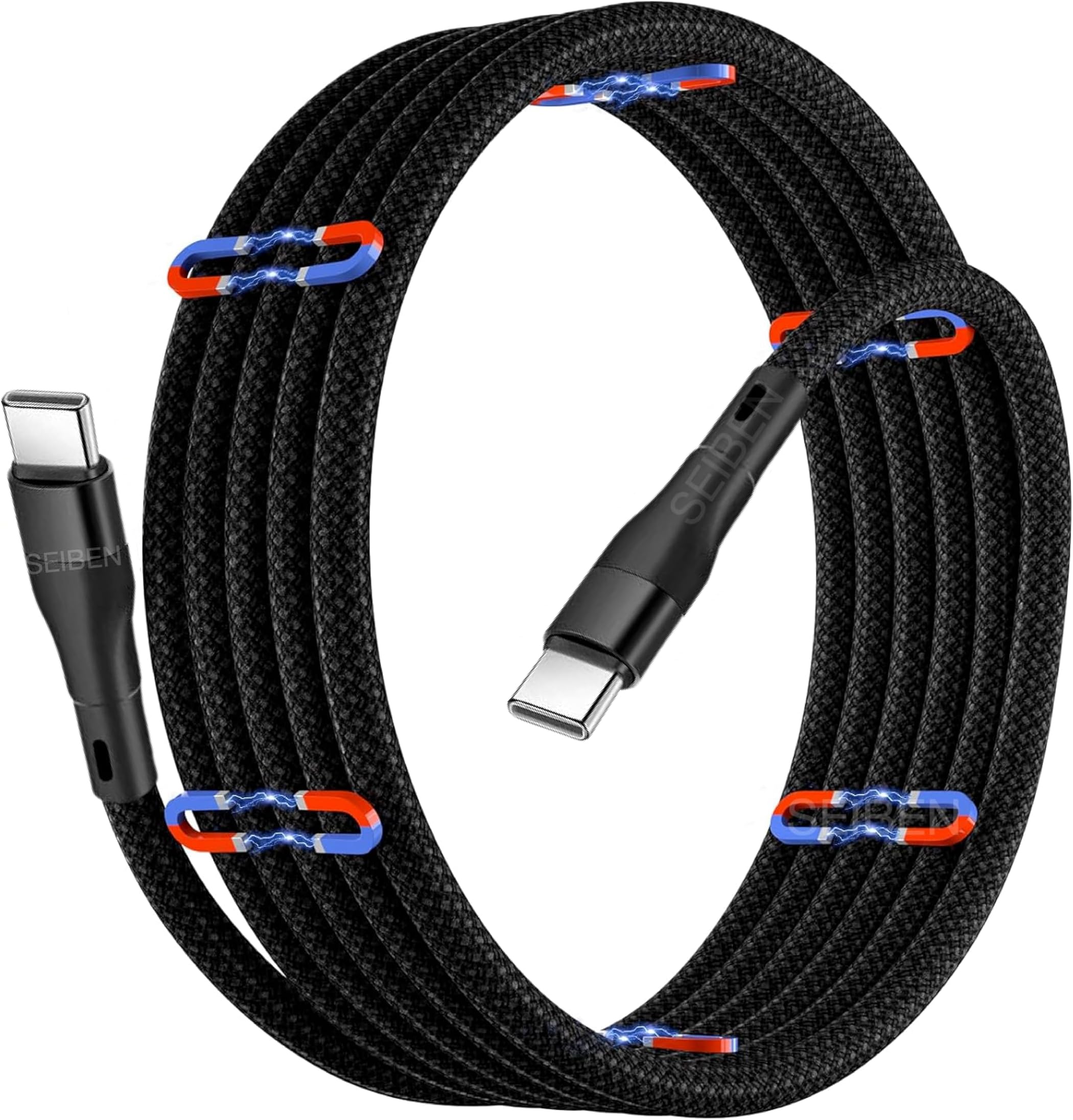 Magnetic Coiled Type C to Type C Cable, 65W / 3.1A Magnetic Coiled MagCable® Nylon Braided for Laptops and Smartphones, O-MagCable® PD Technology, QC 3.0 Charging - 1.2 meter , Type C - Type C , Black