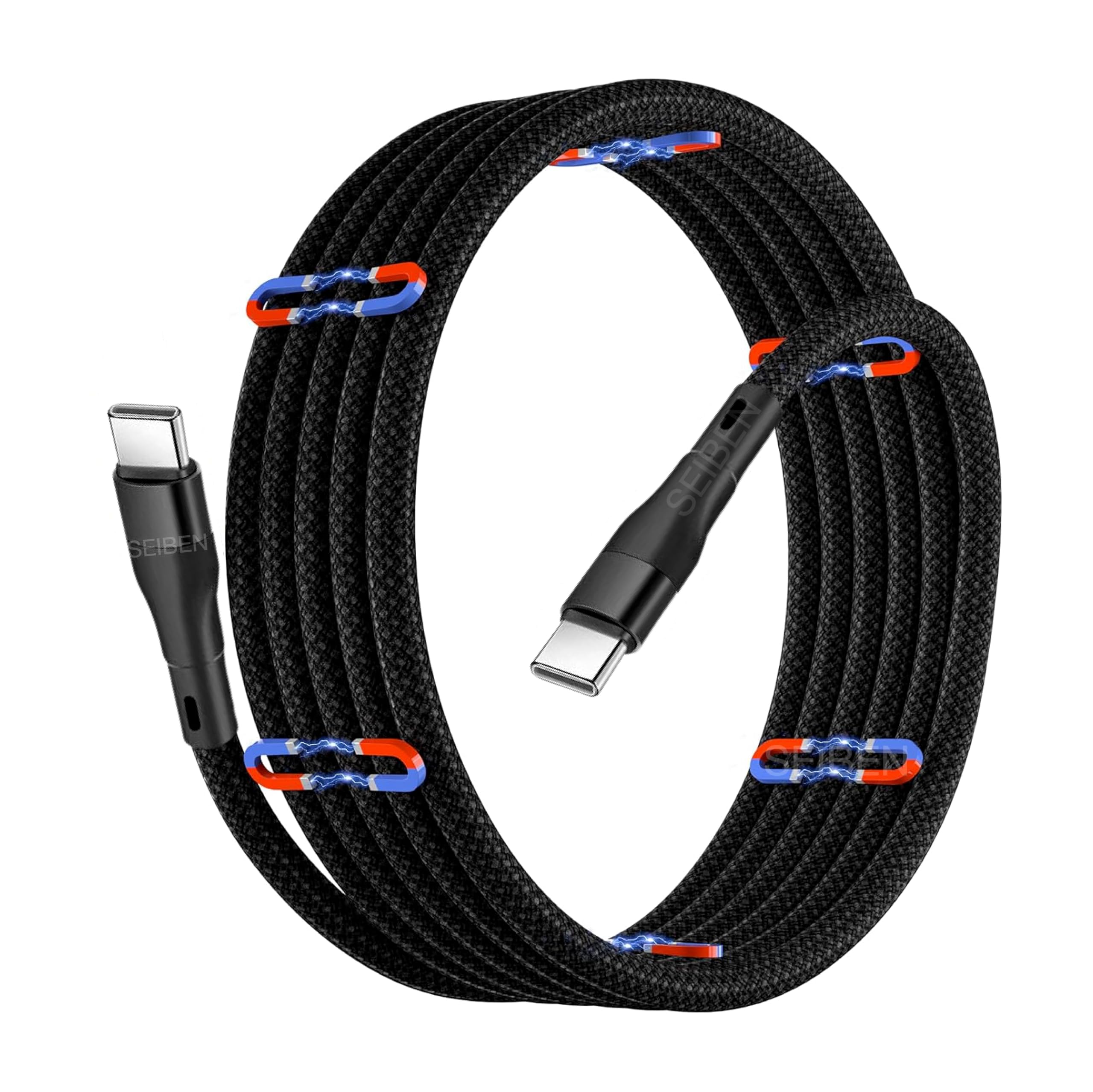 Magnetic Coiled Type C to Type C Cable, 65W / 3.1A Magnetic Coiled MagCable® Nylon Braided for Laptops and Smartphones, O-MagCable® PD Technology, QC 3.0 Charging - 1.2 meter , Type C - Type C , Black