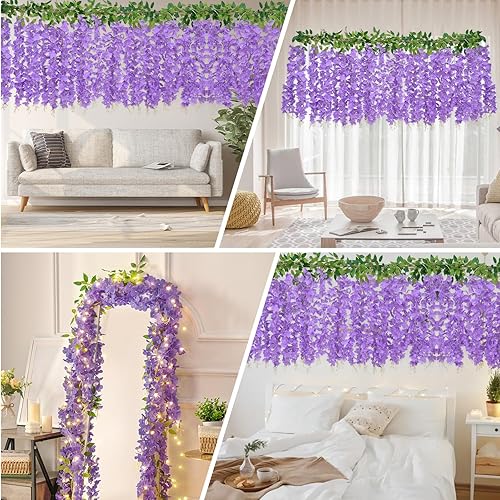 Miniatura 6 de 8 guirnaldas colgantes de glicina para primavera, 48 pies de largo, guirnalda de flores de glicina púrpura más completa para arco de boda, flor