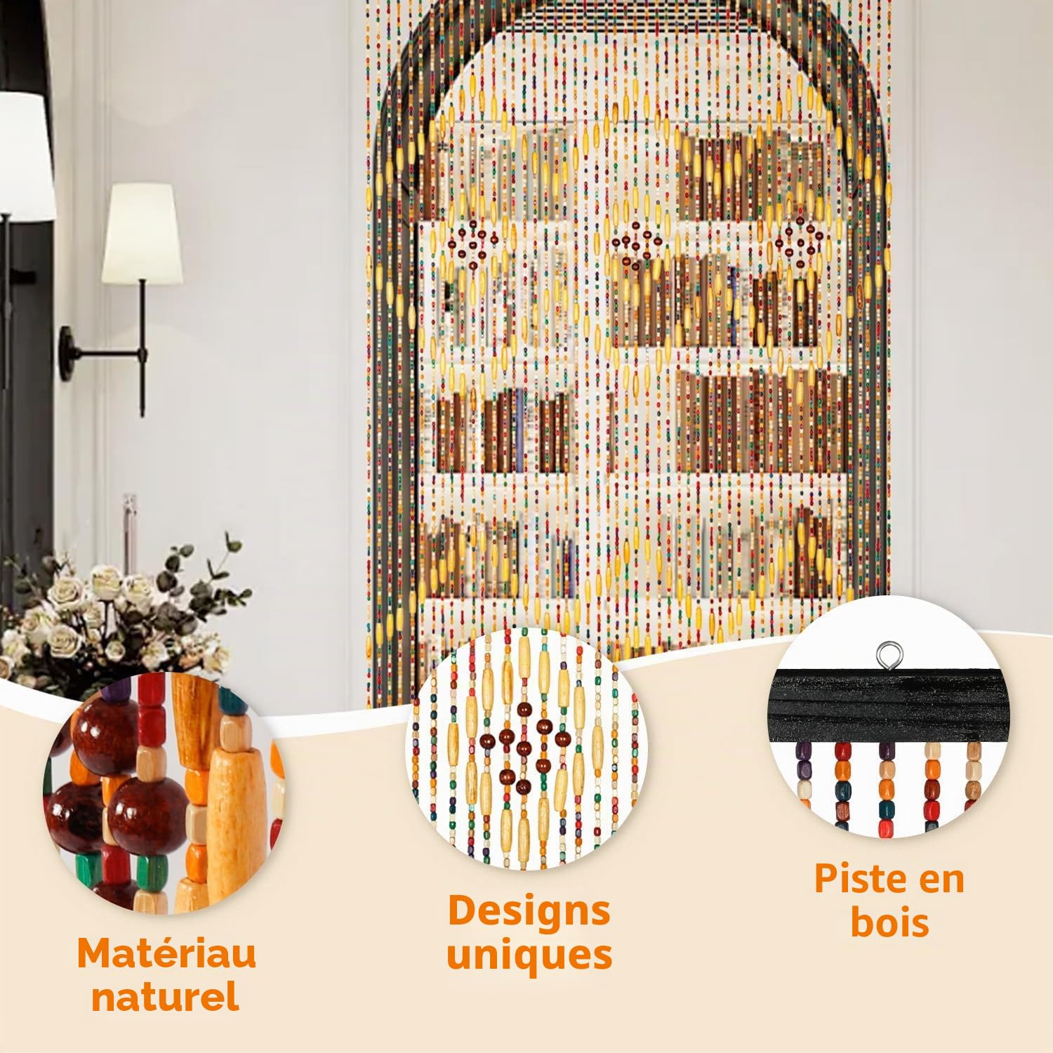 Rideau de Porte en Bambou avec Perles, 52 Fils de Rideaux en Perles pour Encadrements de Porte, Rideau de Porte Moustiquaire en Perles de 90x200cm, Rideau en Perles Diviseur de Porte Fait Main