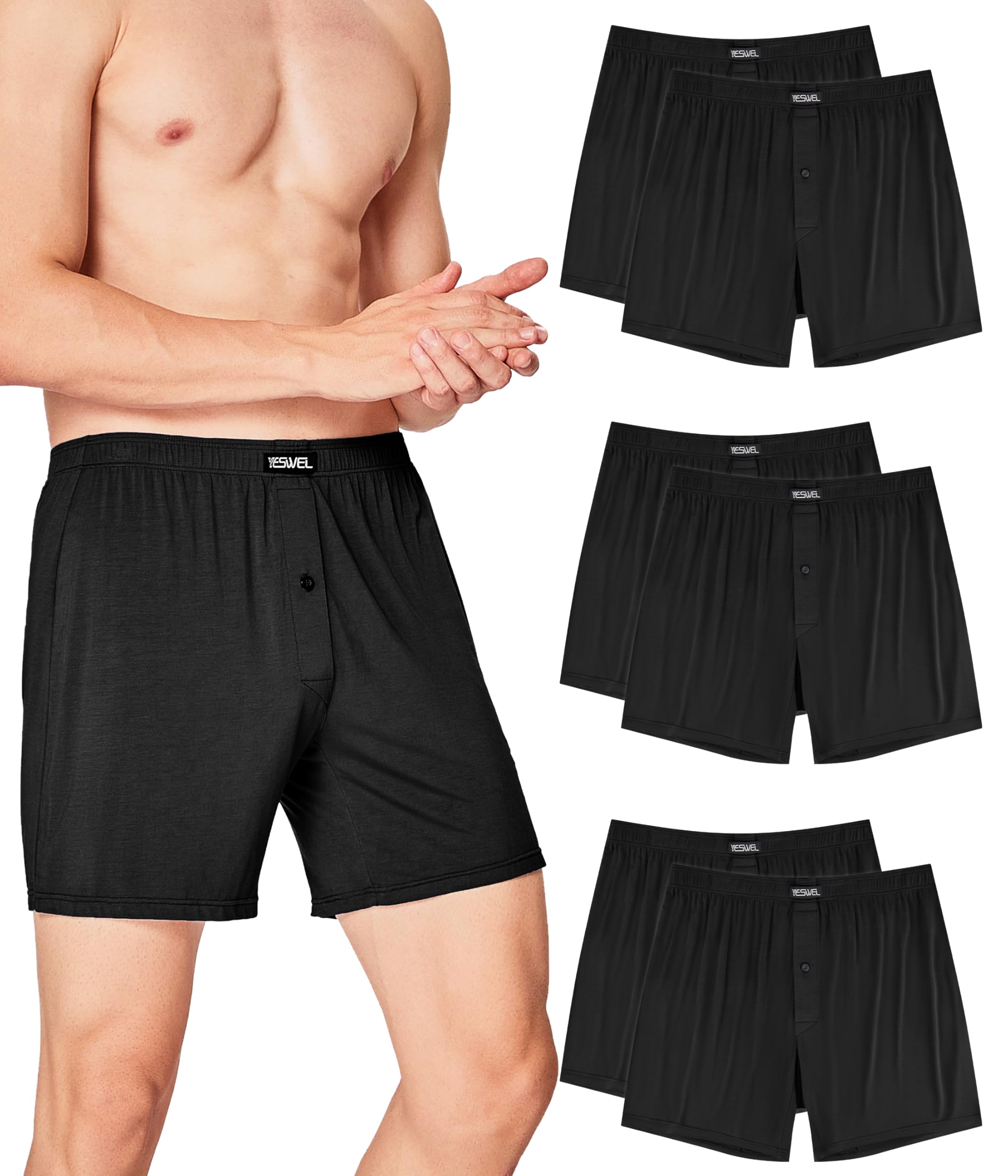 YESWEL Bambus Boxershorts Herren，6er Pack Atmungsaktive Unterhosen Männer, Lockere Retro Unterwäsche mit Eingriff (M -3XL)